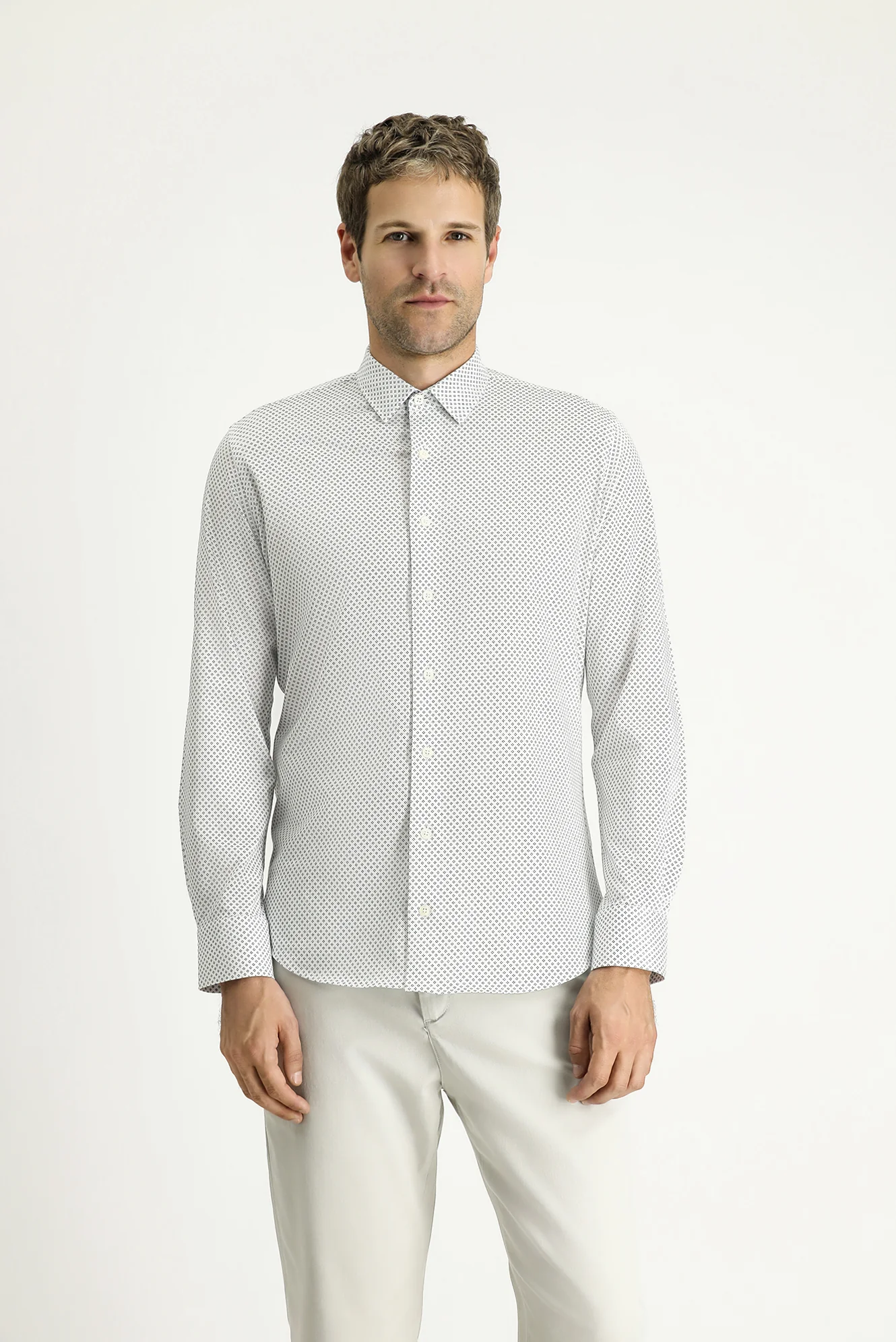 Beyaz Uzun Kol Slim Fit Dar Kesim Baskılı Pamuk Gömlek - Image 3