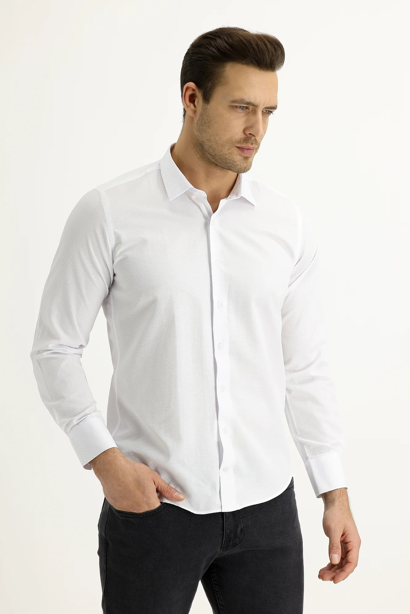 Beyaz Uzun Kol Slim Fit Dar Kesim Desenli Gömlek - Image 2