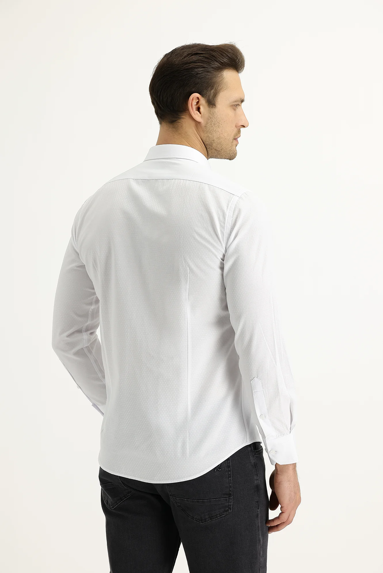 Beyaz Uzun Kol Slim Fit Dar Kesim Desenli Gömlek - Image 3