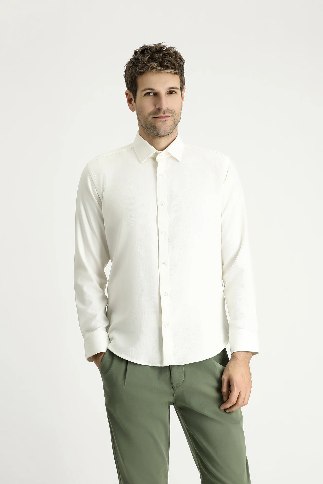 Beyaz Uzun Kol Slim Fit Dar Kesim Desenli Gömlek - Image 3