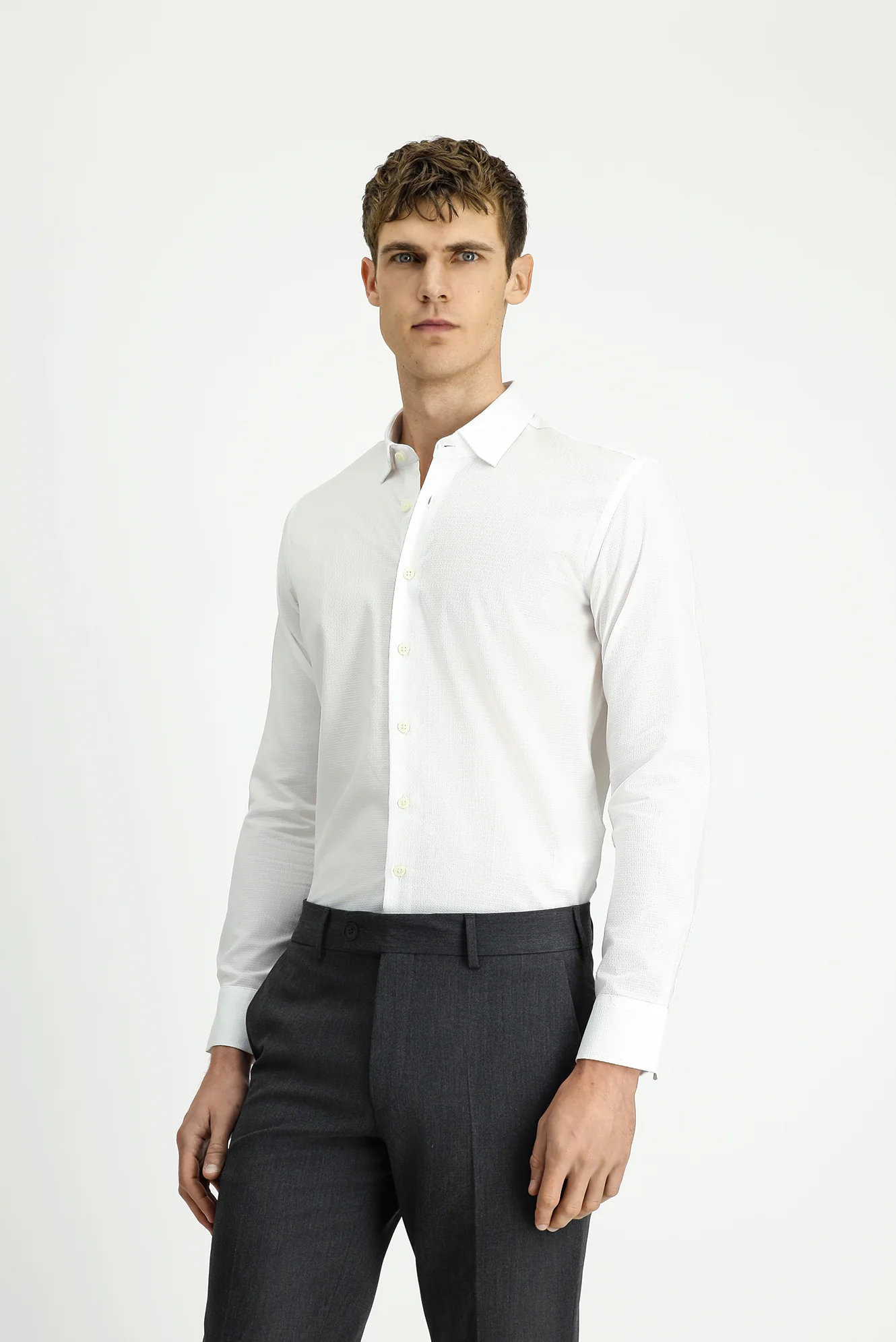 Beyaz Uzun Kol Slim Fit Dar Kesim Klasik Desenli Pamuk Gömlek - Image 5