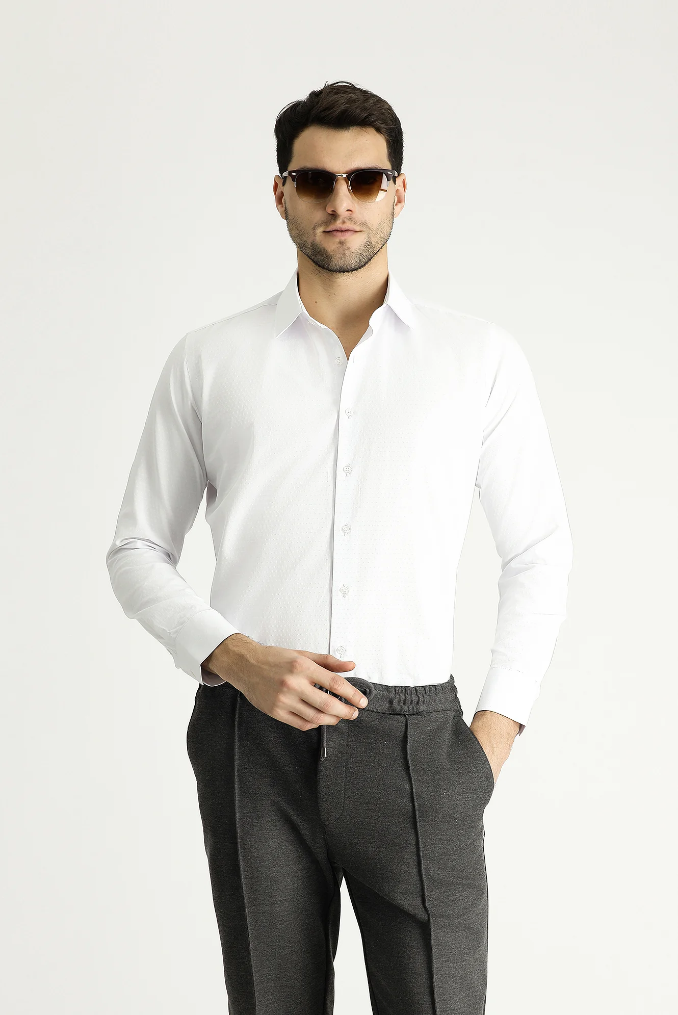 Beyaz Uzun Kol Slim Fit Dar Kesim Klasik Desenli Pamuklu Gömlek - Image 2