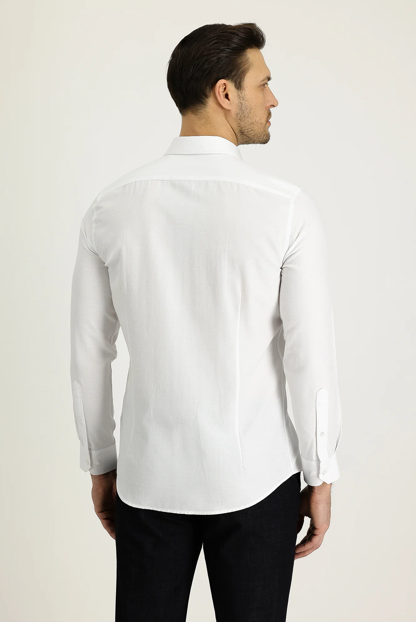 Beyaz Uzun Kol Slim Fit Dar Kesim Klasik Desenli Pamuklu Kolay Ütülenebilir Gömlek - Image 2