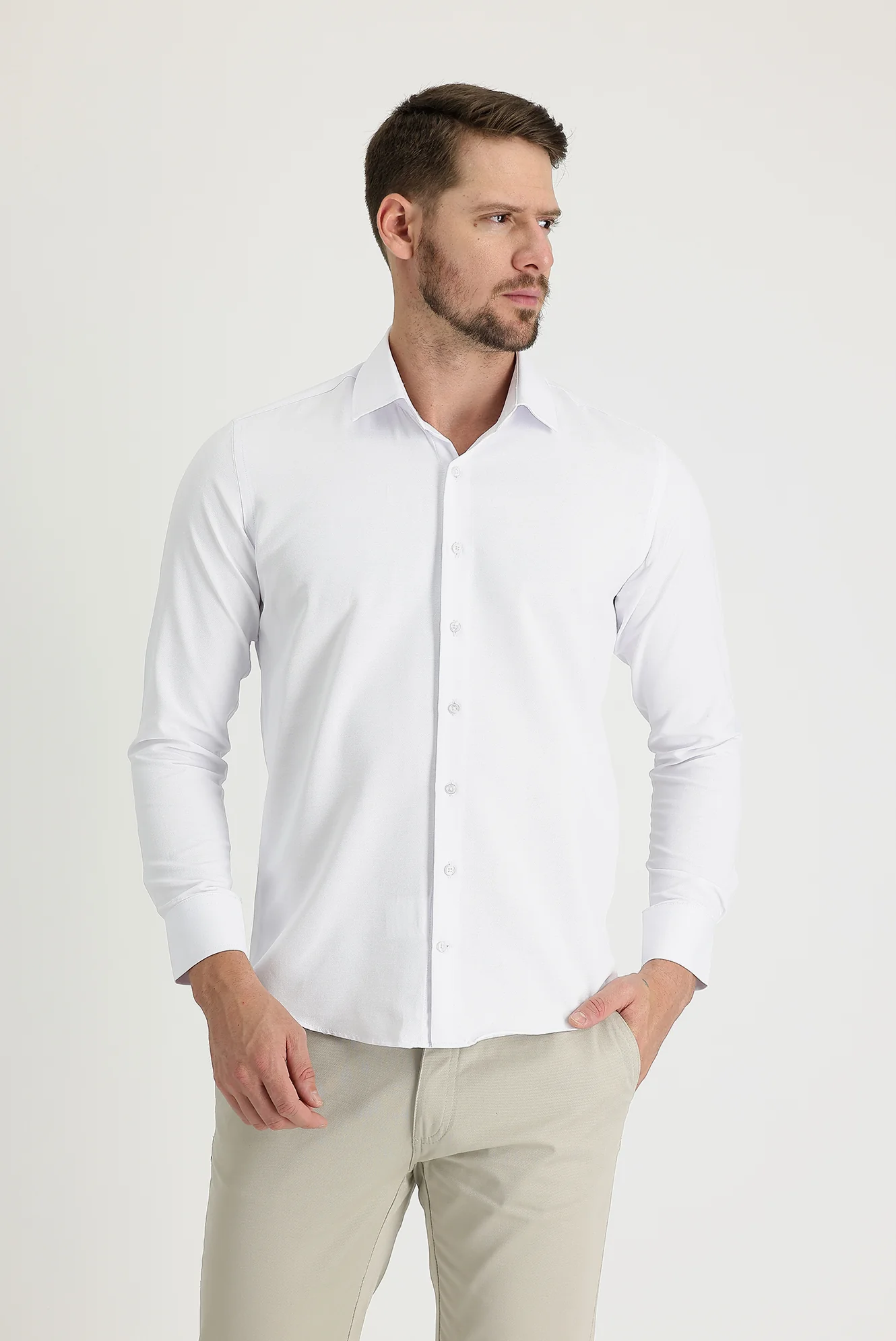 Beyaz Uzun Kol Slim Fit Dar Kesim Klasik Desenli Pamuklu Kolay Ütülenebilir Gömlek