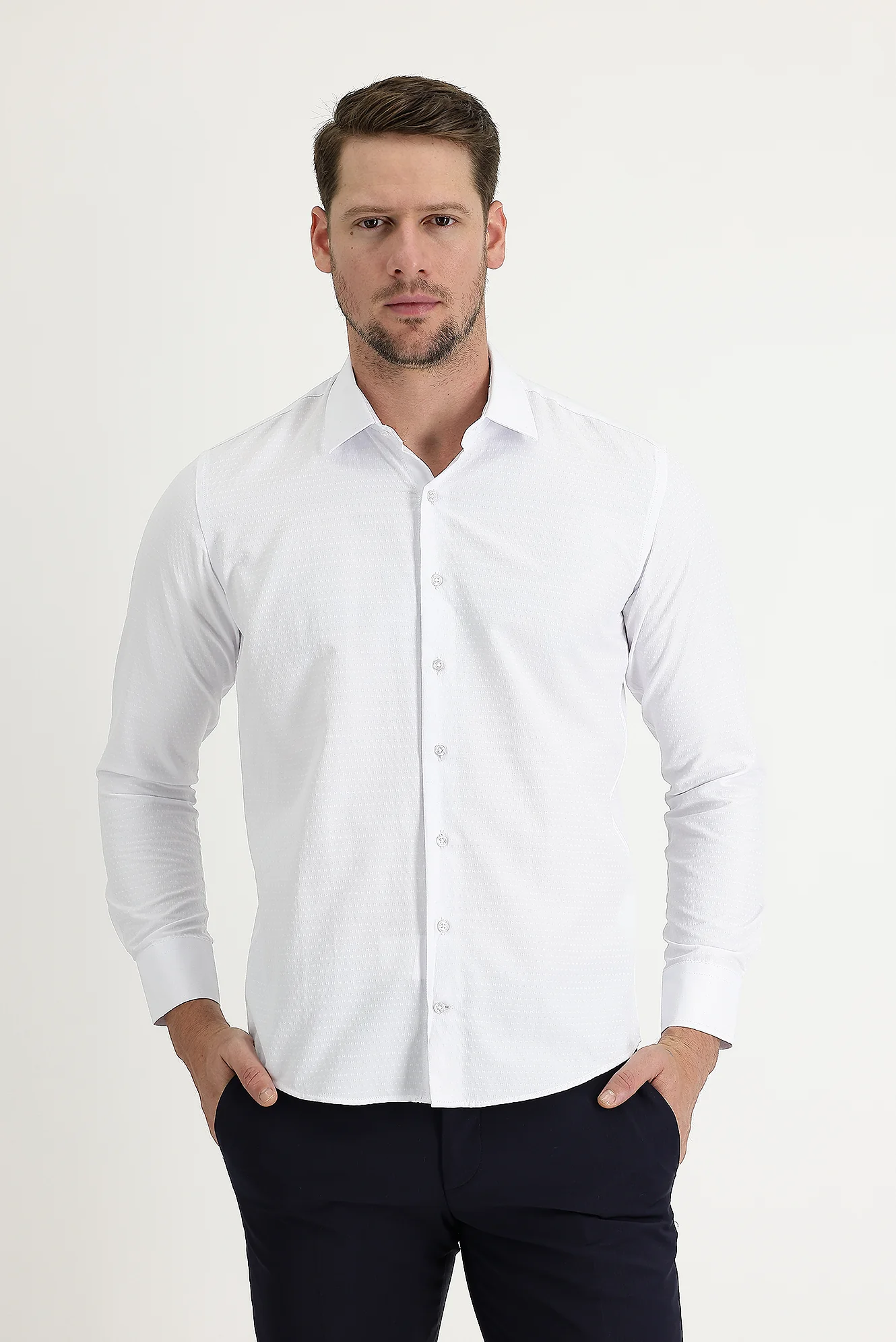 Beyaz Uzun Kol Slim Fit Dar Kesim Klasik Desenli Pamuklu Kolay Ütülenebilir Gömlek - Image 2