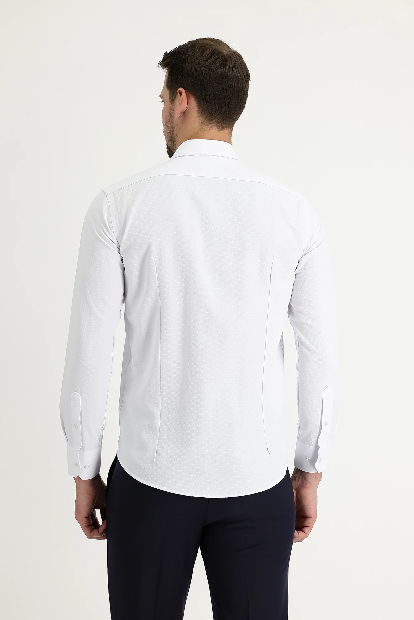 Beyaz Uzun Kol Slim Fit Dar Kesim Klasik Desenli Pamuklu Kolay Ütülenebilir Gömlek - Image 3