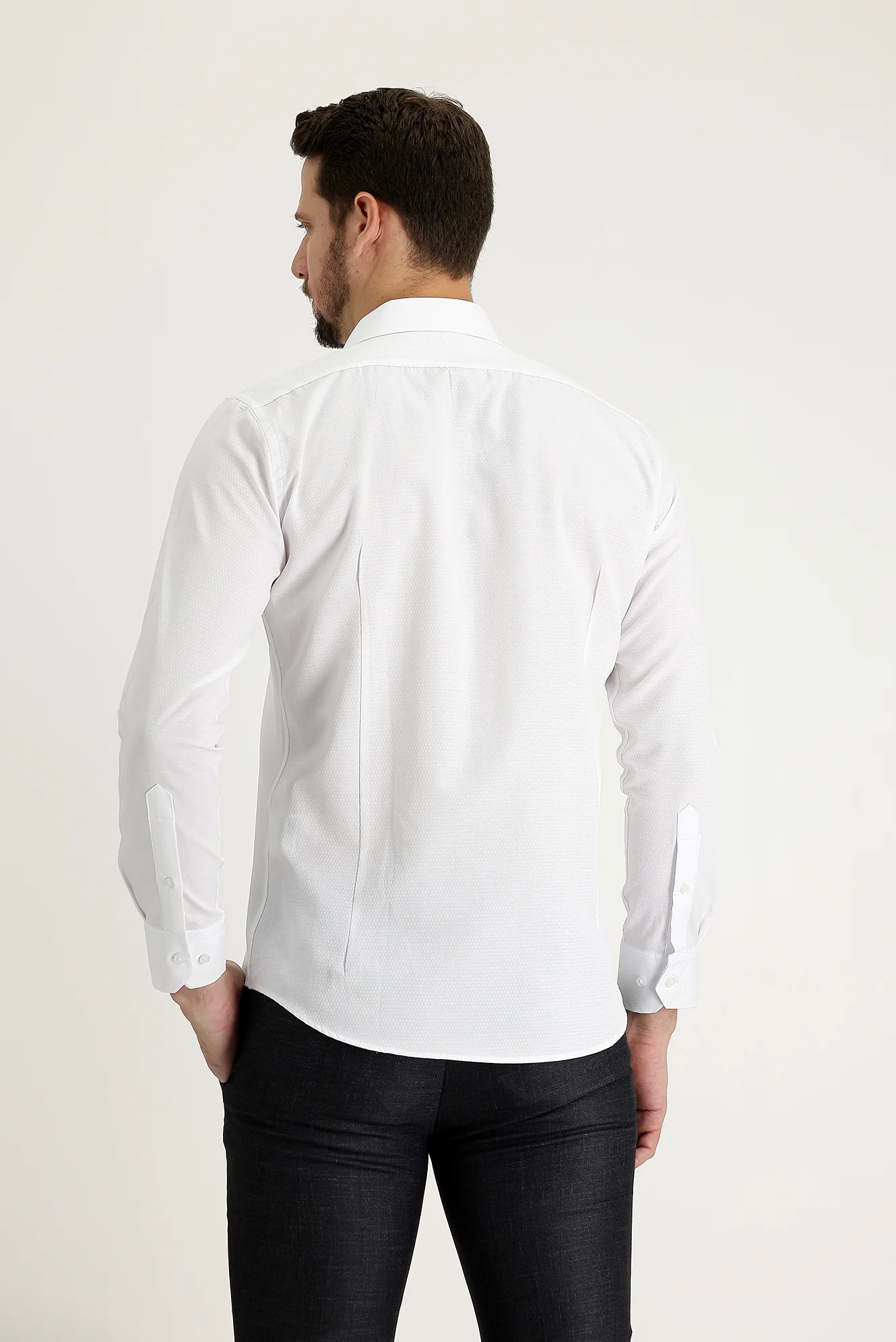 Beyaz Uzun Kol Slim Fit Dar Kesim Klasik Desenli Pamuklu Kolay Ütülenebilir Gömlek - Image 3