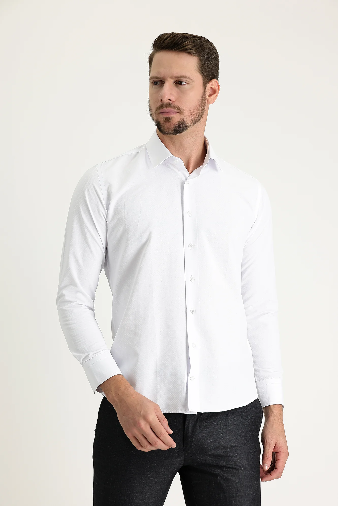 Beyaz Uzun Kol Slim Fit Dar Kesim Klasik Desenli Pamuklu Kolay Ütülenebilir Gömlek - Image 2
