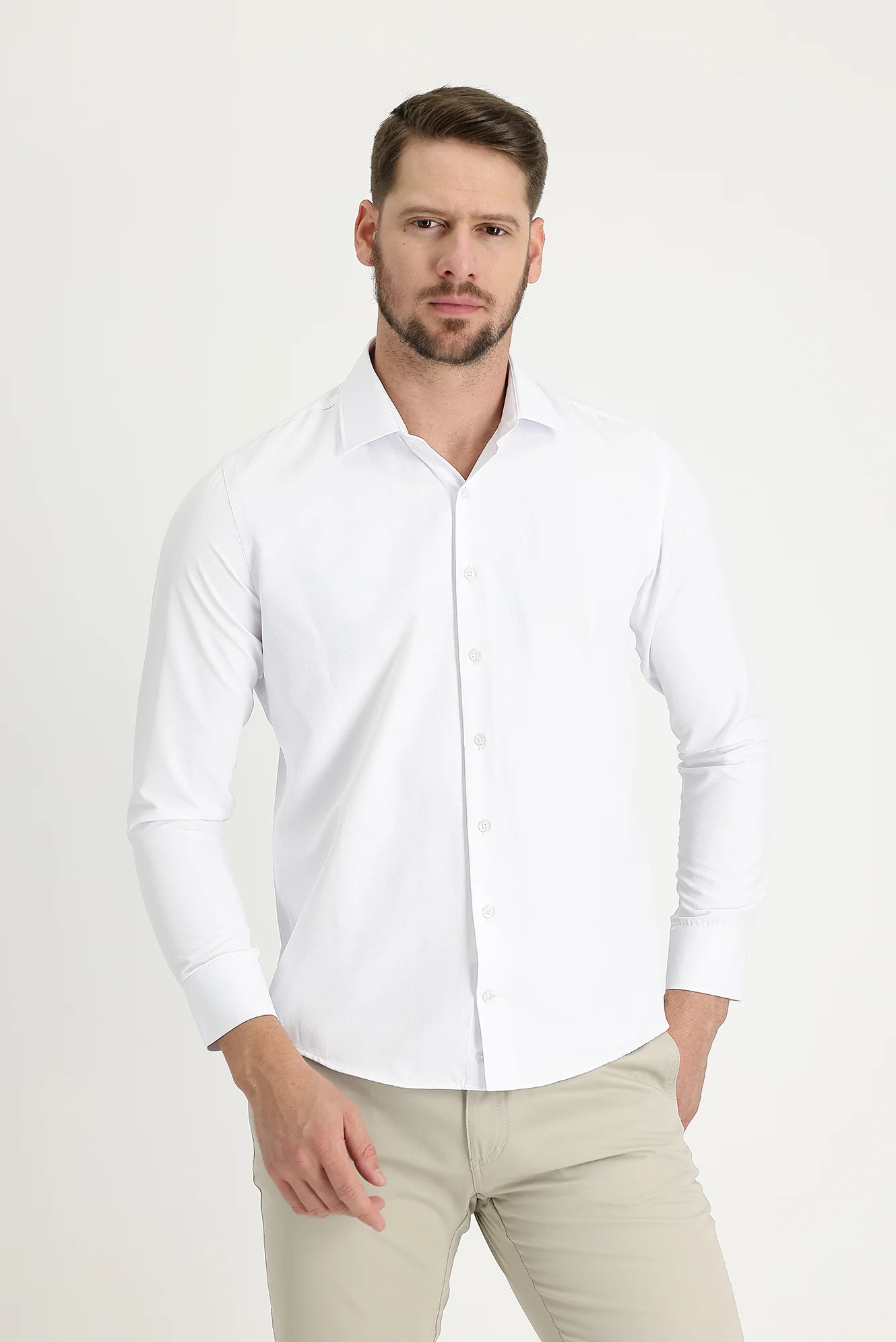 Beyaz Uzun Kol Slim Fit Dar Kesim Klasik Desenli Pamuklu Kolay Ütülenebilir Gömlek - Image 2