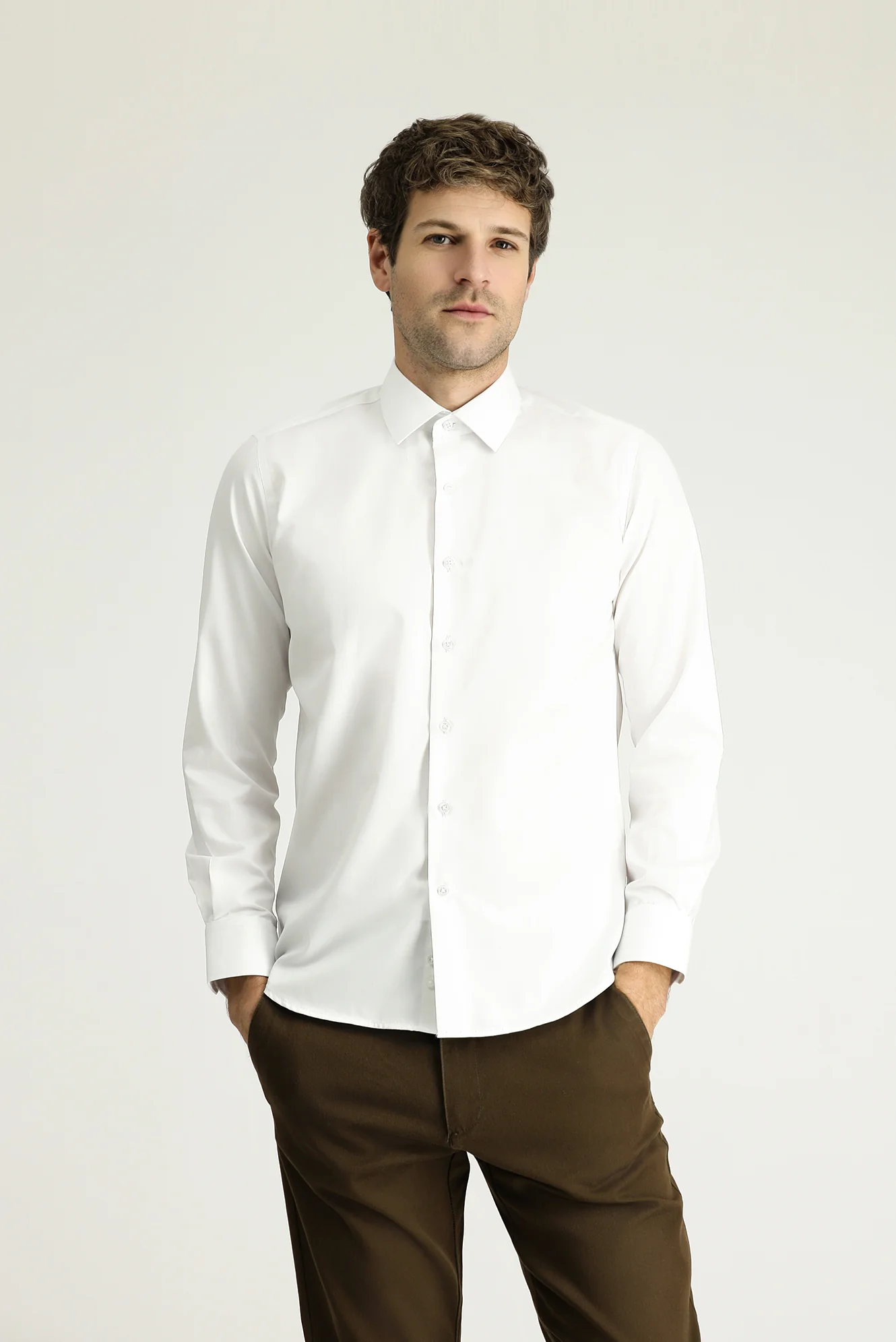 Beyaz Uzun Kol Slim Fit Dar Kesim Klasik Non Iron Saten Pamuklu Gömlek - Image 3