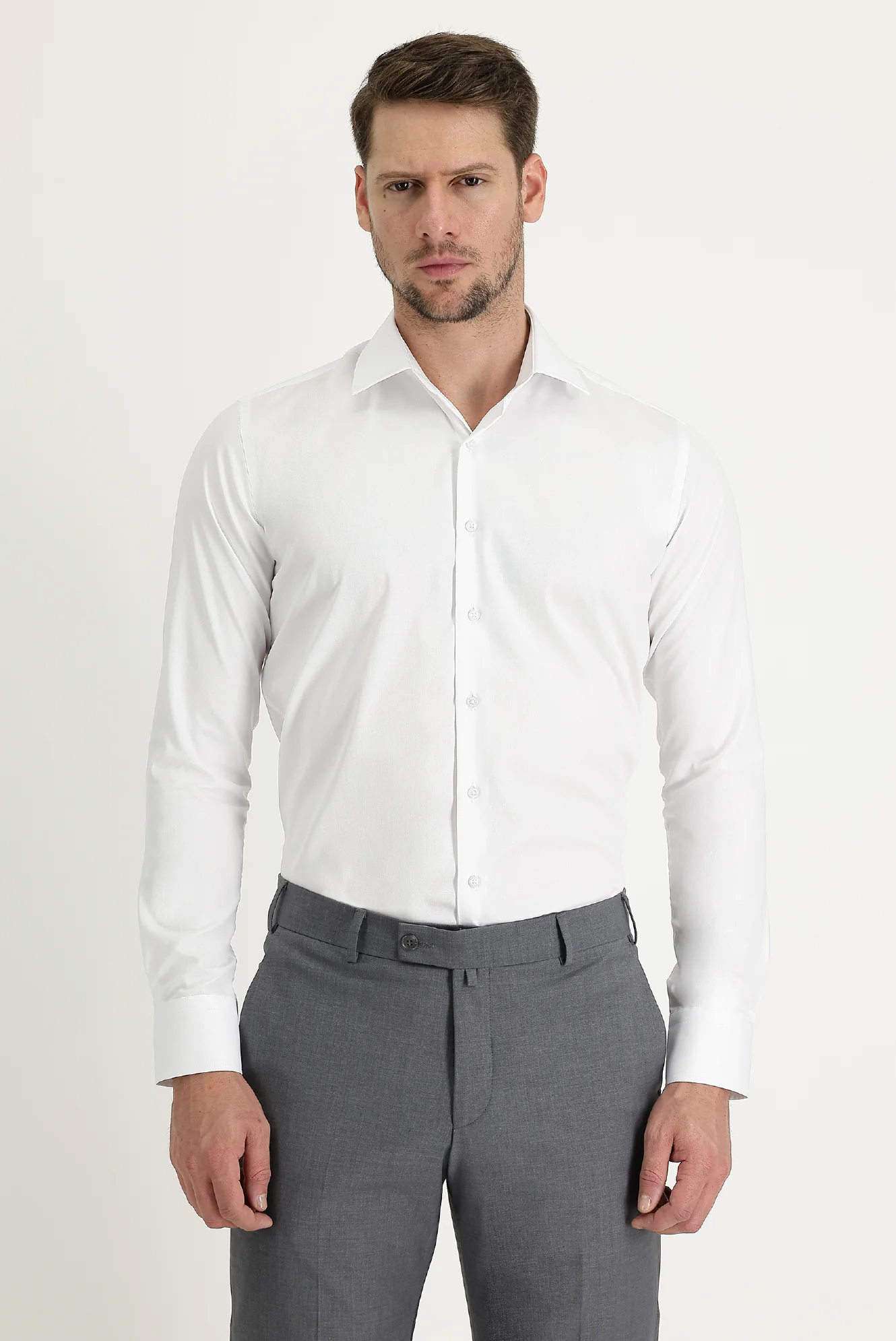 Beyaz Uzun Kol Slim Fit Dar Kesim Klasik Non Iron Saten Pamuklu Gömlek - Image 3