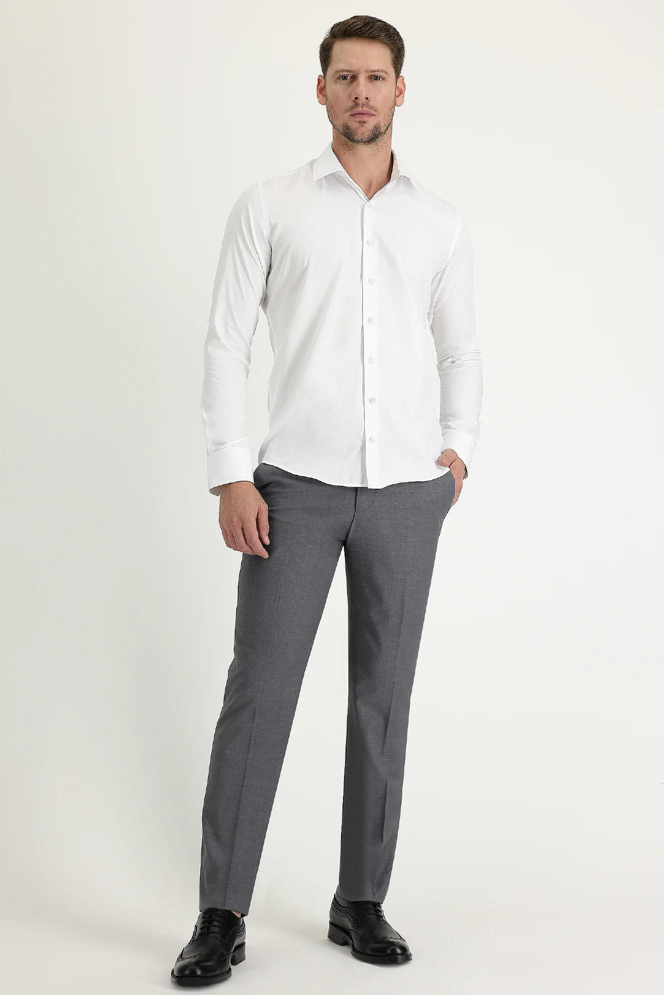 Beyaz Uzun Kol Slim Fit Dar Kesim Klasik Non Iron Saten Pamuklu Gömlek - Image 4