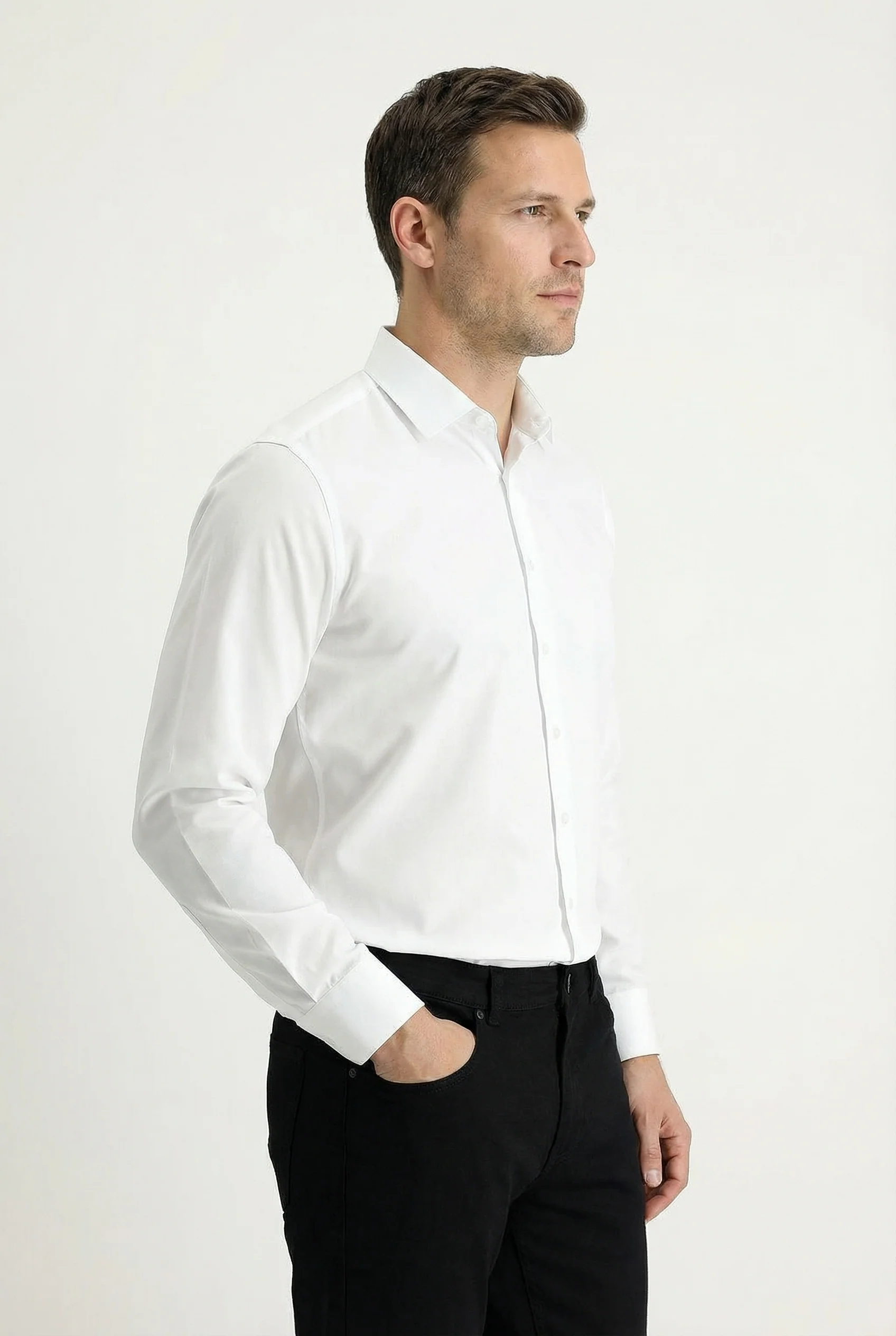 Beyaz Uzun Kol Slim Fit Dar Kesim Klasik Nano Care Su İtici Leke Tutmaz 4 Mevsim Pamuk Gömlek - Image 2