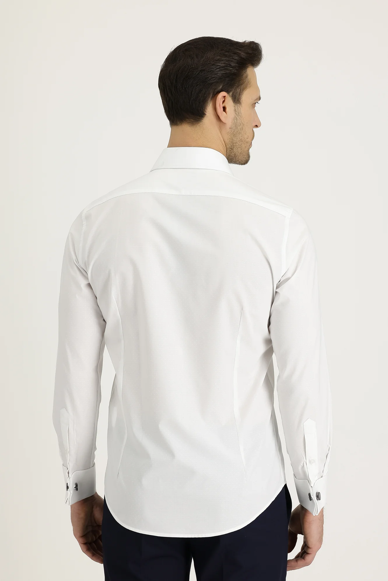 Beyaz Uzun Kol Slim Fit Dar Kesim Manşetli Pamuk Gömlek - Image 4