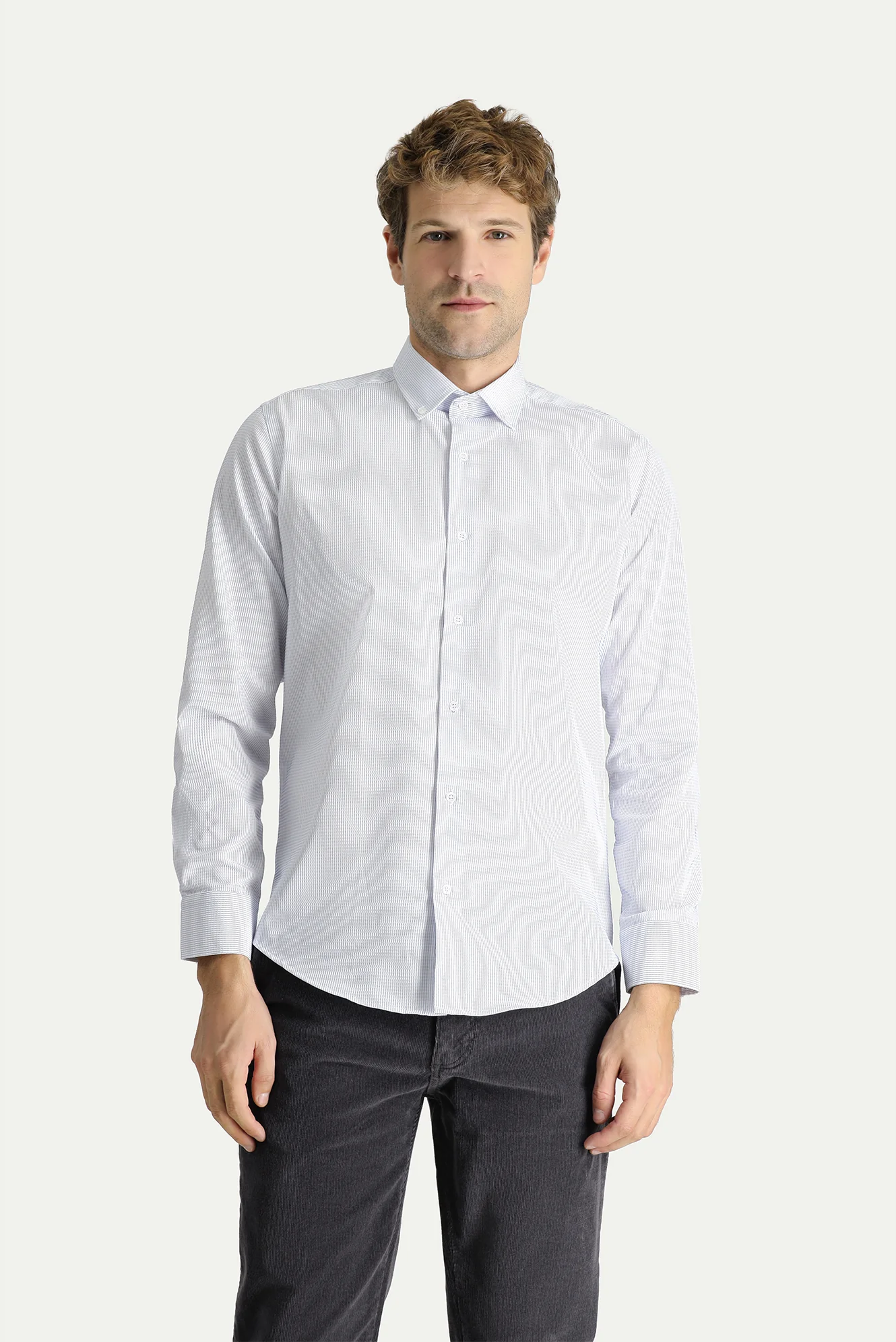 Beyaz Uzun Kol Slim Fit Dar Kesim Non Iron Çizgili Pamuklu Gömlek - Image 3