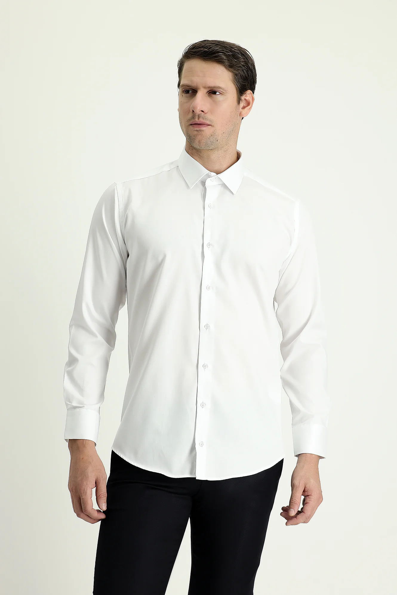 Beyaz Uzun Kol Slim Fit Dar Kesim Non Iron Saten Pamuklu Gömlek - Image 2