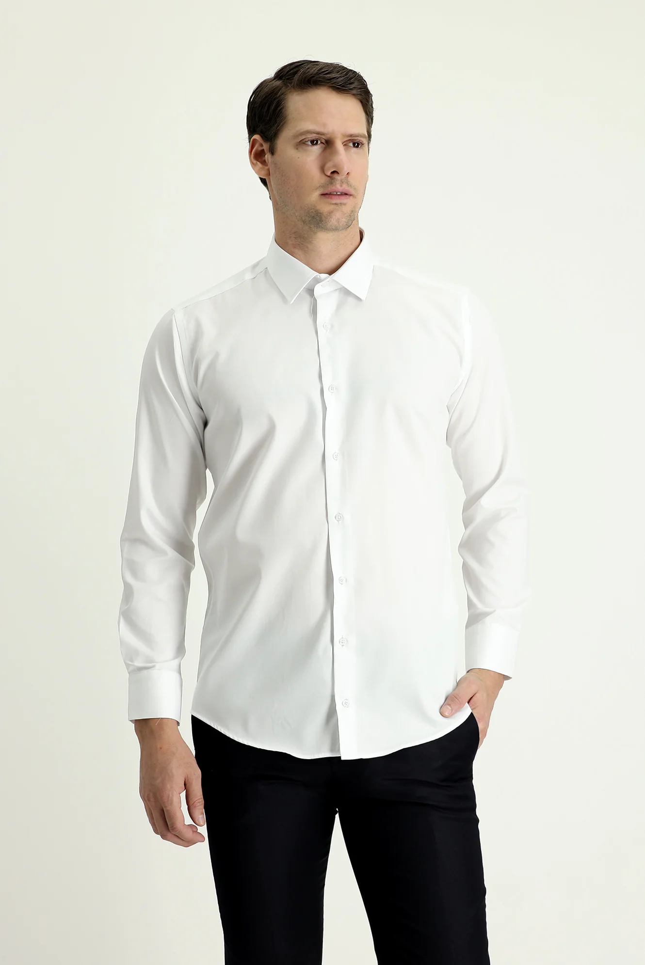Beyaz Uzun Kol Slim Fit Dar Kesim Non Iron Saten Pamuklu Gömlek - Image 4