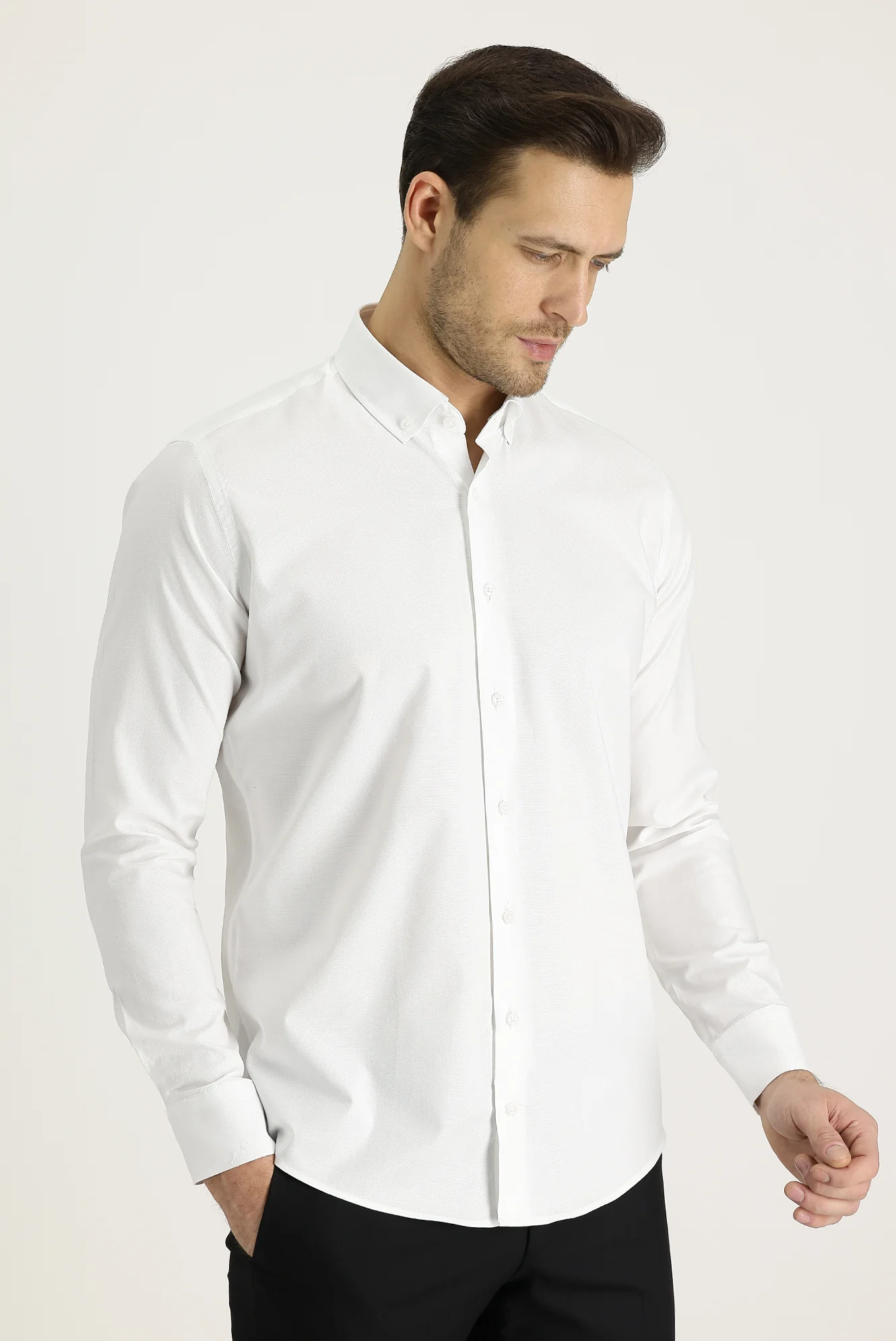 Beyaz Uzun Kol Slim Fit Dar Kesim Oxford Pamuk Gömlek - Image 4