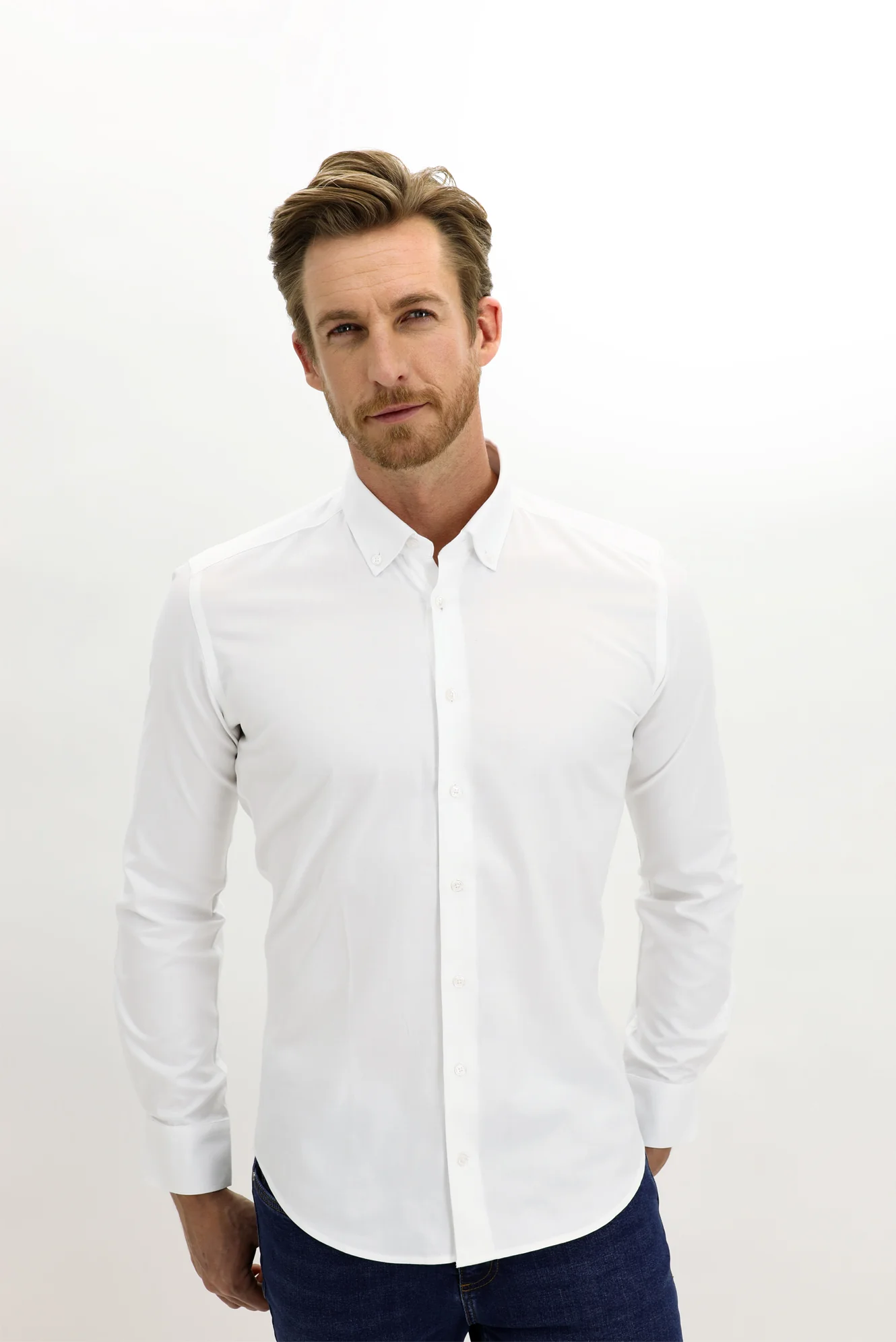 Beyaz Uzun Kol Slim Fit Dar Kesim Pamuk Gömlek - Image 3
