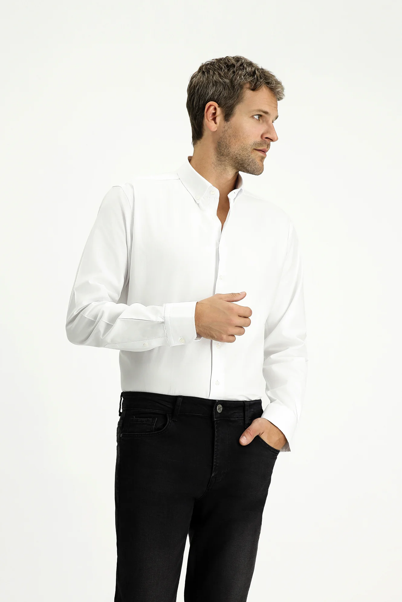 Beyaz Uzun Kol Slim Fit Dar Kesim Pamuk 4 Mevsim Oxford Gömlek - Image 2