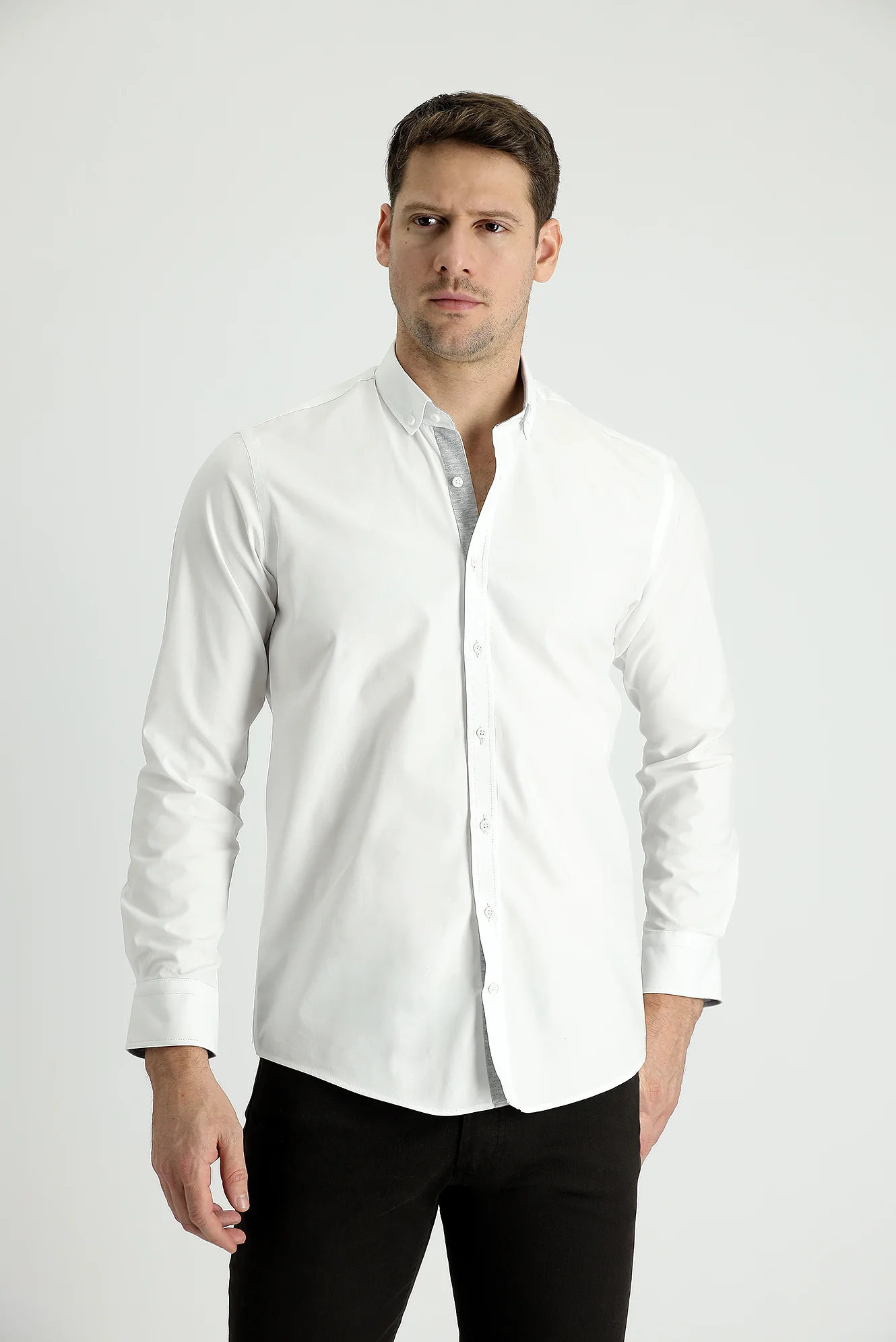 Beyaz Uzun Kol Slim Fit Dar Kesim Pamuk Spor Gömlek