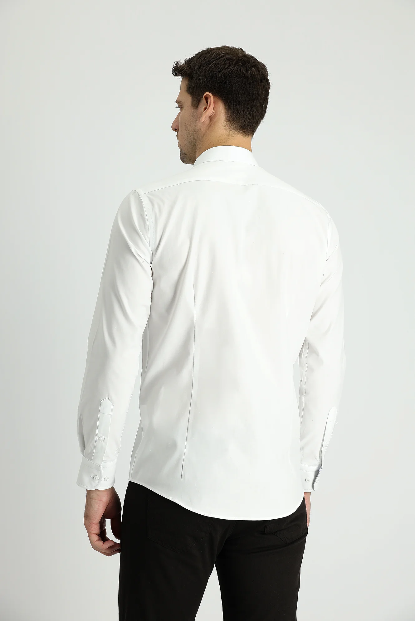 Beyaz Uzun Kol Slim Fit Dar Kesim Pamuk Spor Gömlek - Image 2