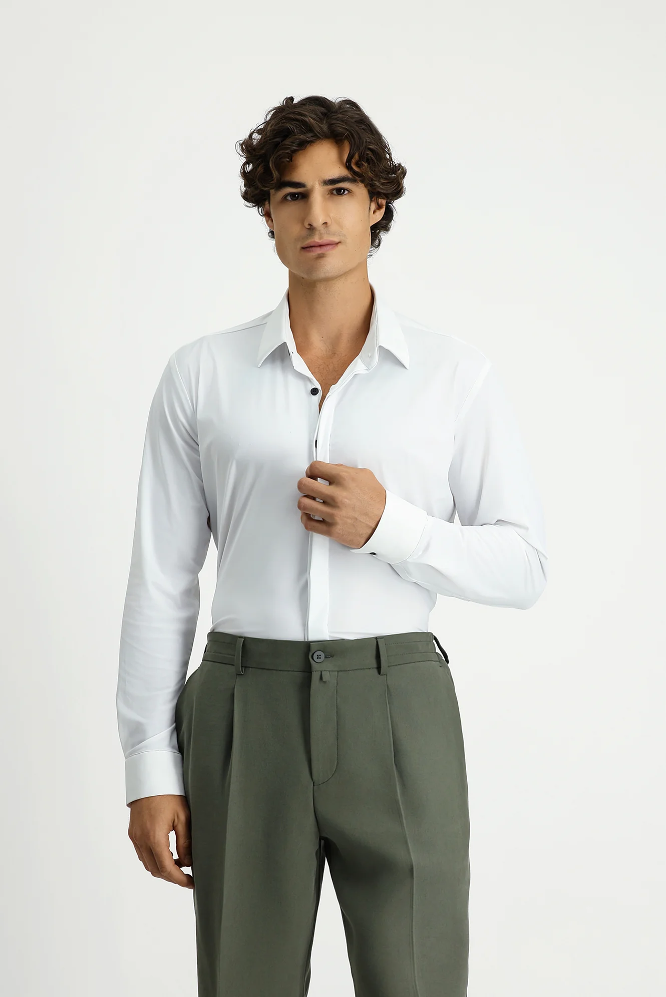 Beyaz Techno-Line Uzun Kol Slim Fit Dar Kesim Klasik Likralı Gömlek - Image 4