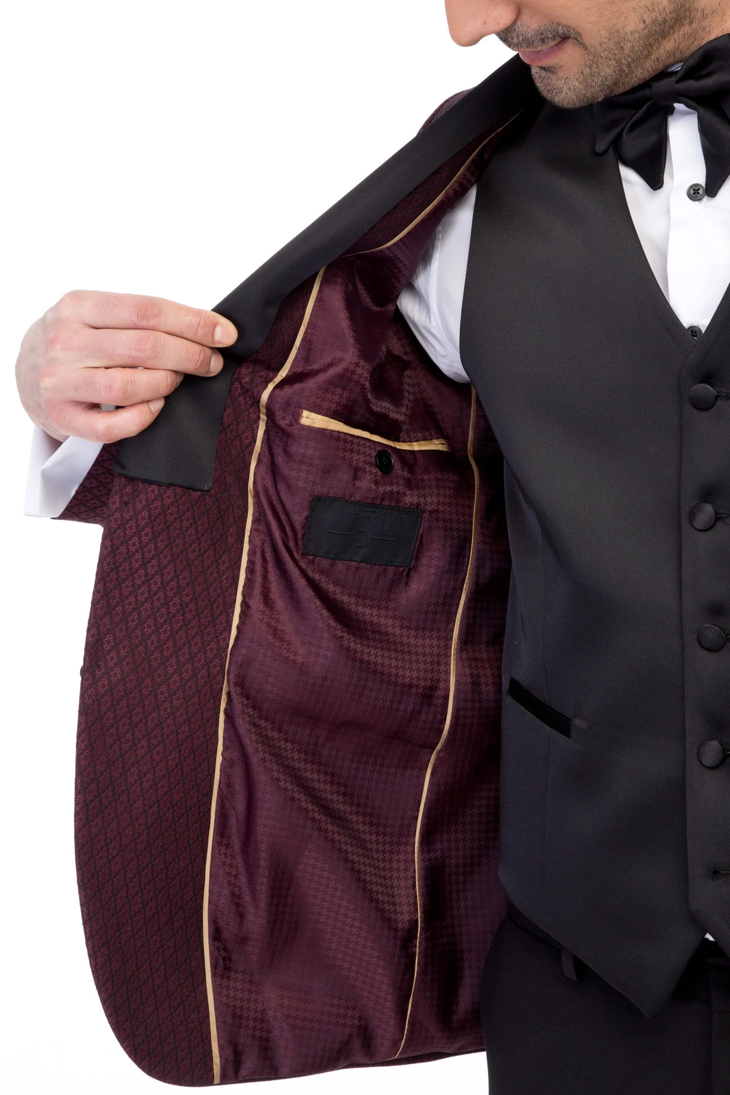 Bordo 7 Drop Slim Fit Dar Kesim Şal Yaka Desenli Yelekli Smokin & Damatlık - Image 6