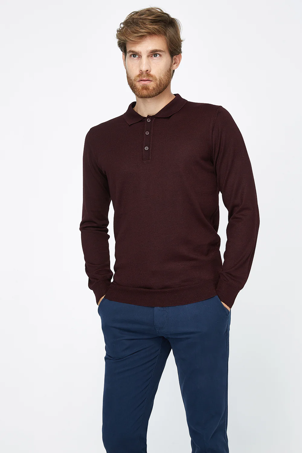Bordo Polo Yaka Regular Fit Yünlü Triko Kazak - Image 3