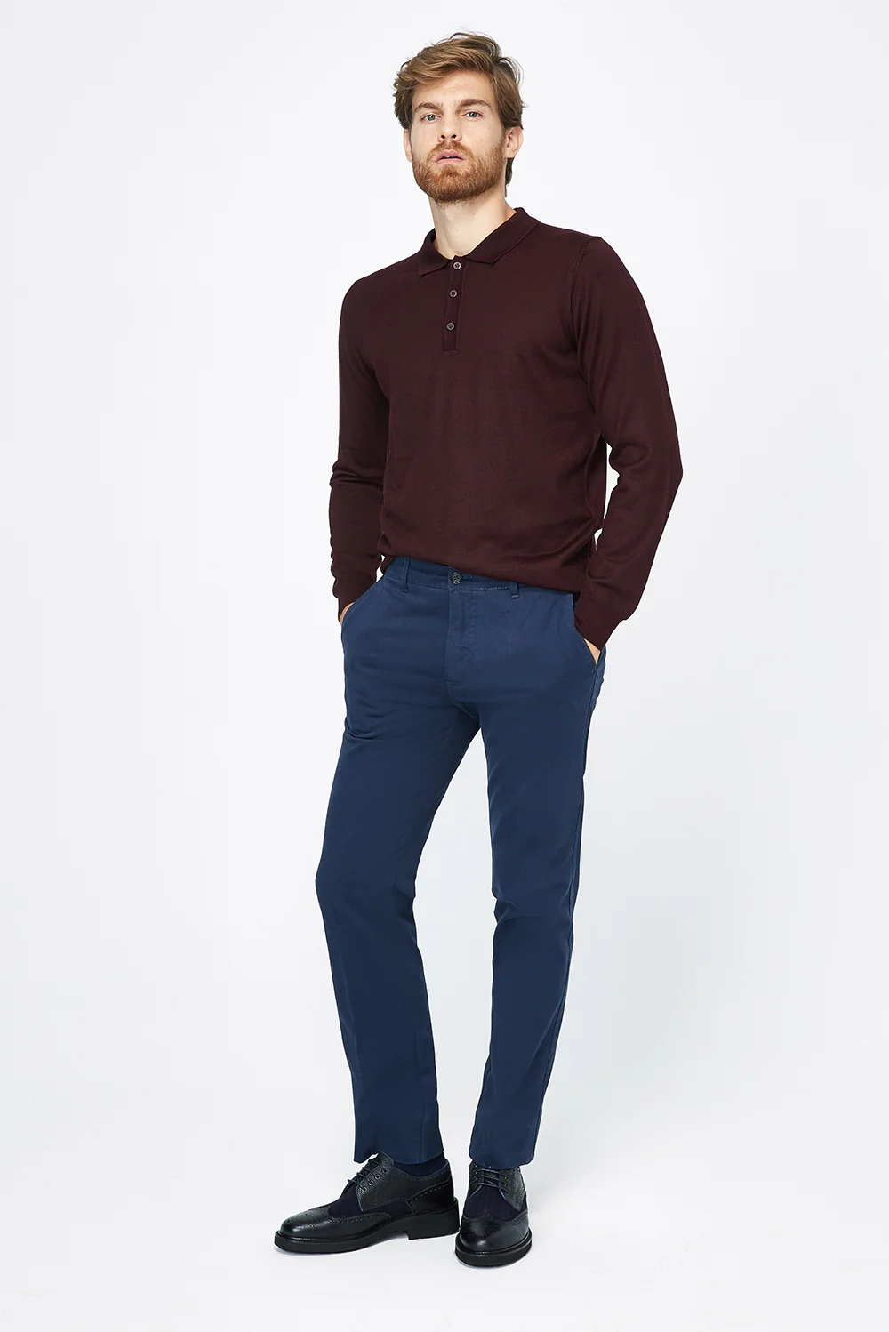 Bordo Polo Yaka Regular Fit Yünlü Triko Kazak - Image 5