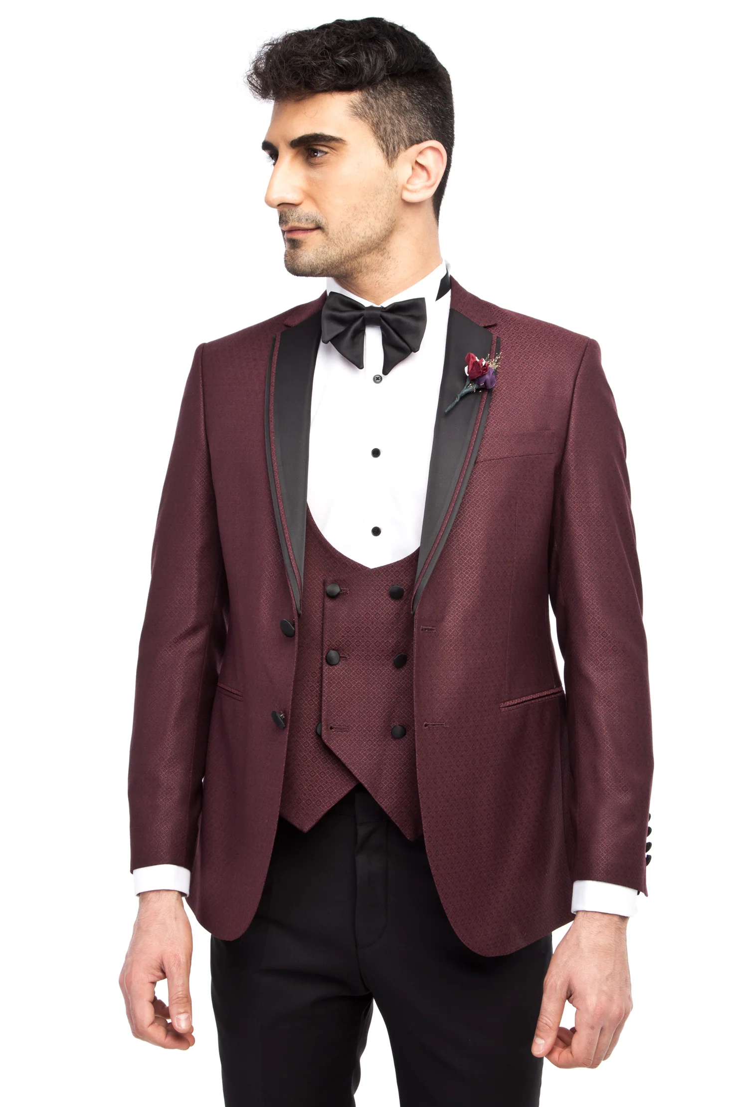 Bordo 7 Drop Slim Fit Dar Kesim Mono Yaka Desenli Yelekli Smokin & Damatlık - Image 2