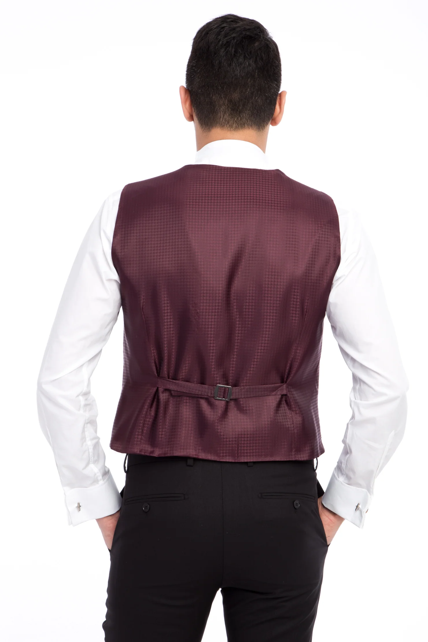 Bordo 7 Drop Slim Fit Dar Kesim Mono Yaka Desenli Yelekli Smokin & Damatlık - Image 5