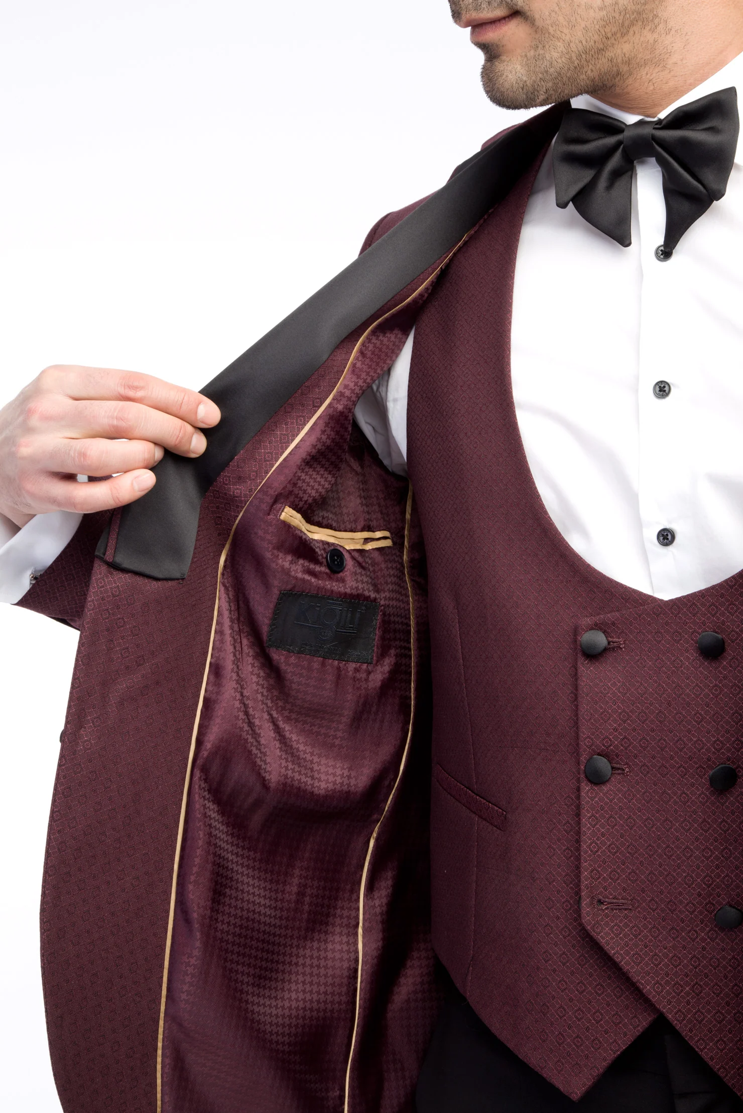 Bordo 7 Drop Slim Fit Dar Kesim Mono Yaka Desenli Yelekli Smokin & Damatlık - Image 6
