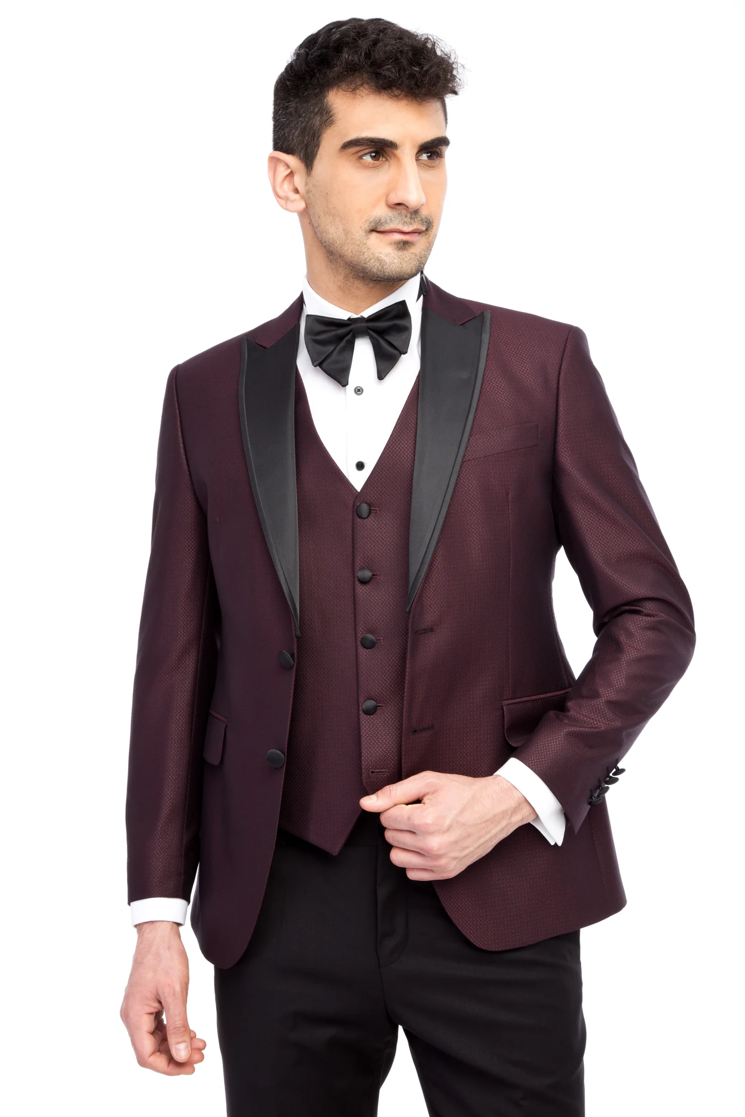 Bordo 7 Drop Slim Fit Dar Kesim Sivri Yaka Desenli Yelekli Smokin & Damatlık - Image 2
