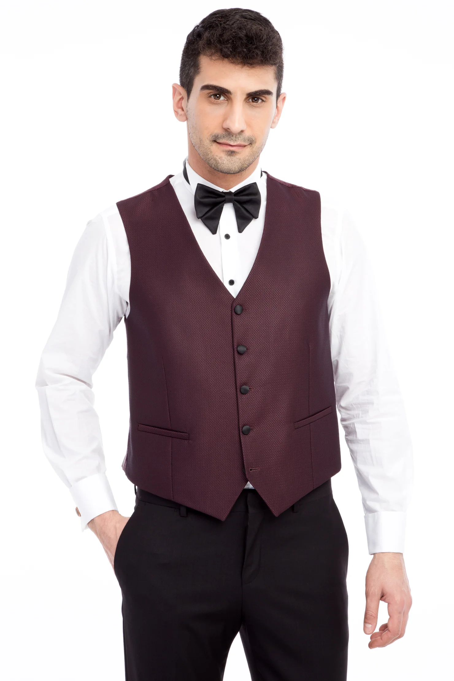 Bordo 7 Drop Slim Fit Dar Kesim Sivri Yaka Desenli Yelekli Smokin & Damatlık - Image 4