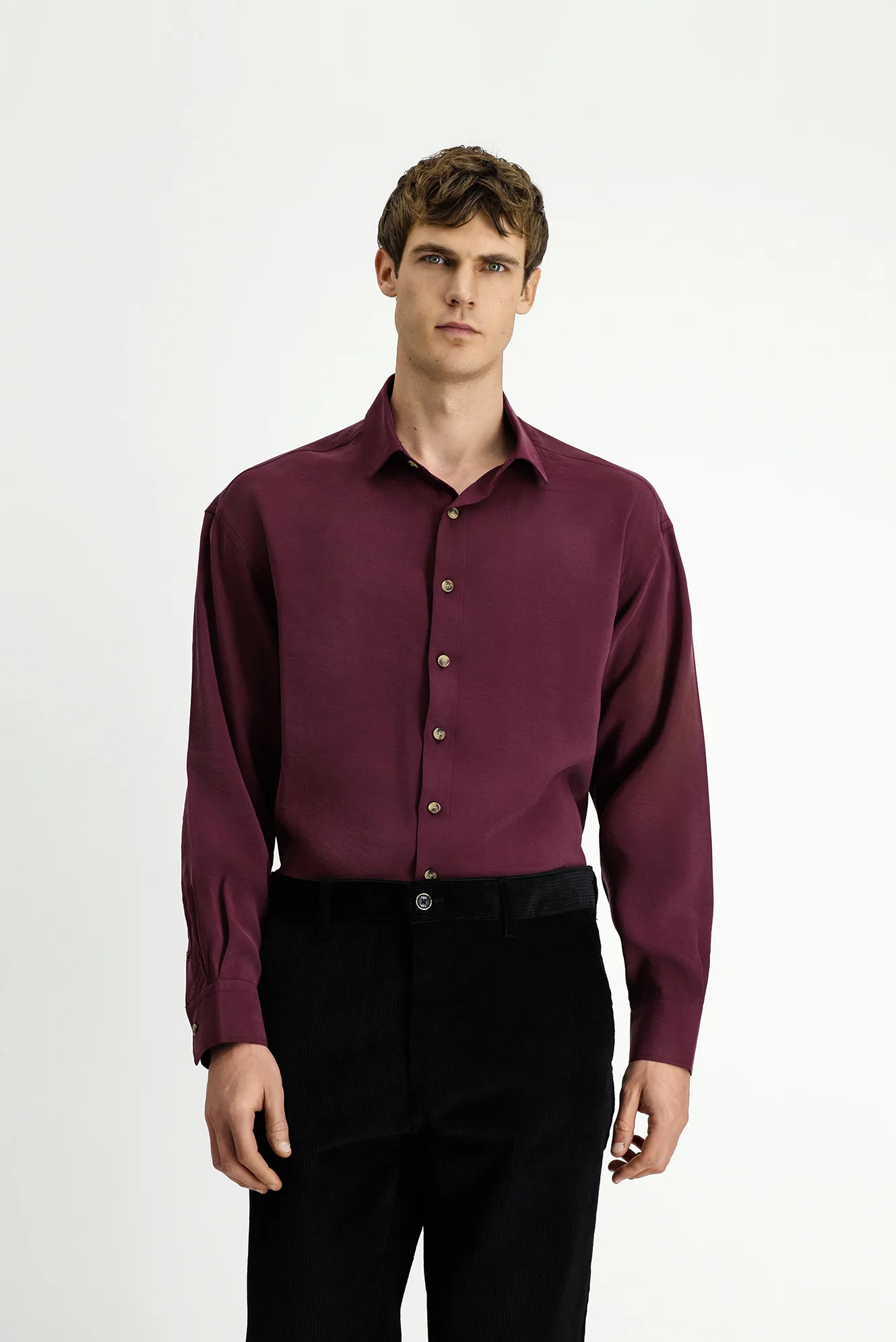 Şarap Bordo Uzun Kol Oversize Ekstra Rahat Kesim Modal Karışımlı Spor Gömlek