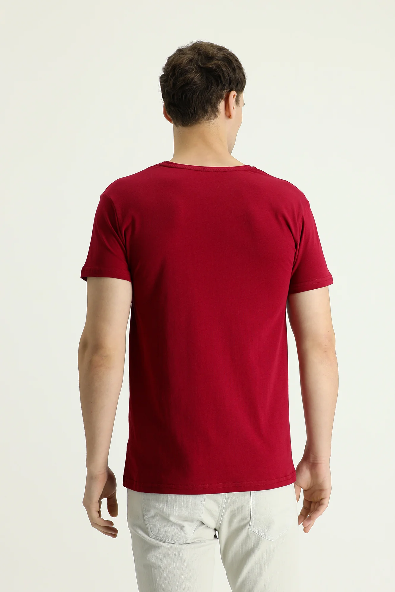 Bordo V Yaka Regular Fit Süprem Pamuk Tişört - Image 3