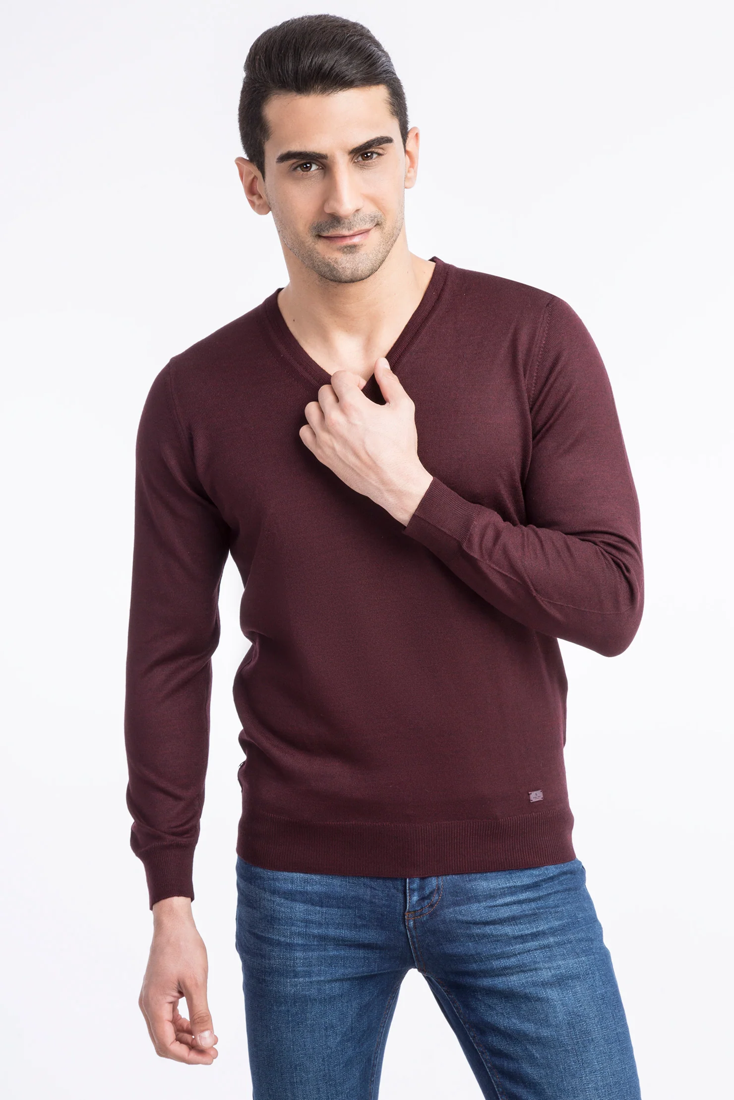 Bordo V Yaka Regular Fit Yünlü Triko Kazak