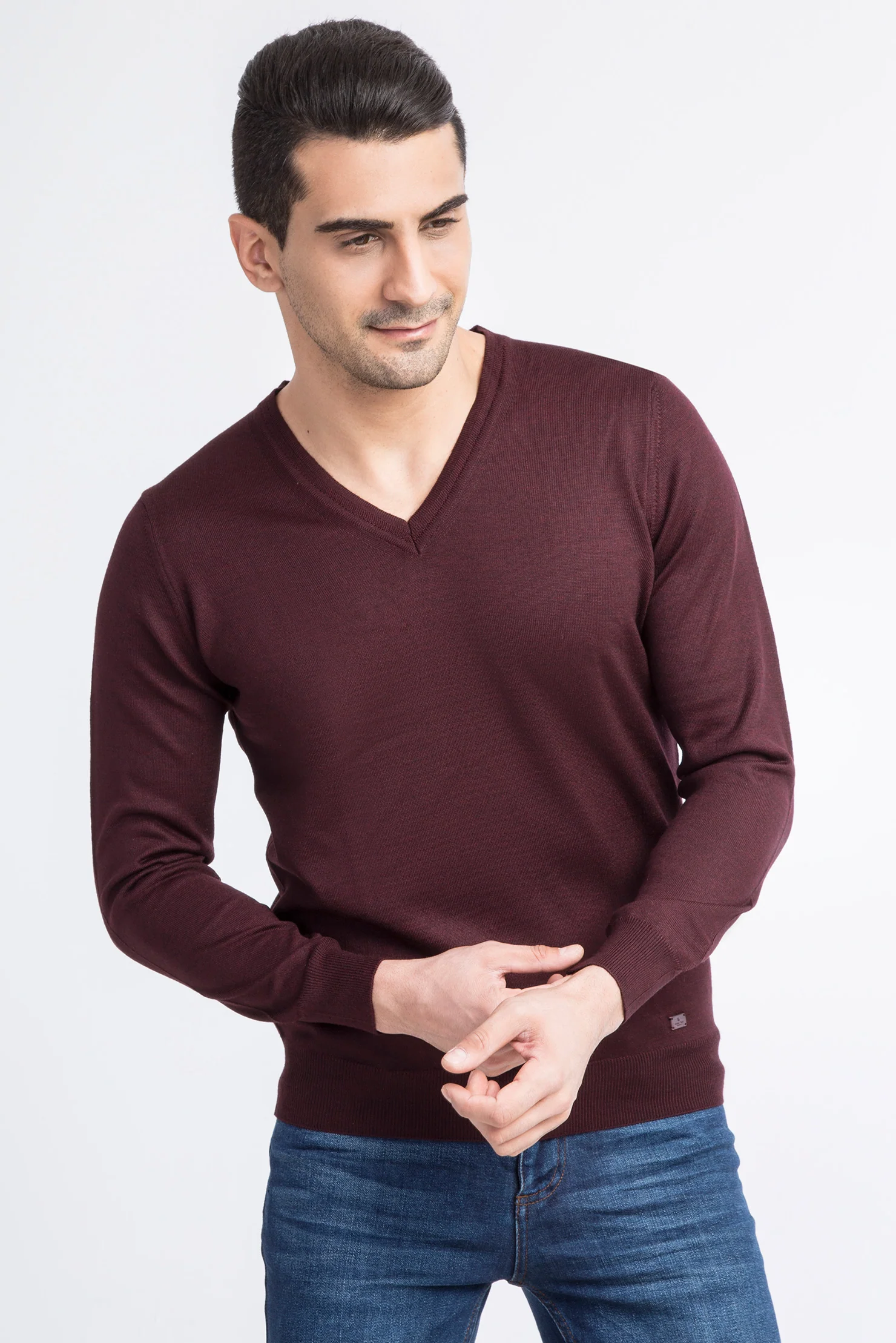 Bordo V Yaka Regular Fit Yünlü Triko Kazak - Image 2