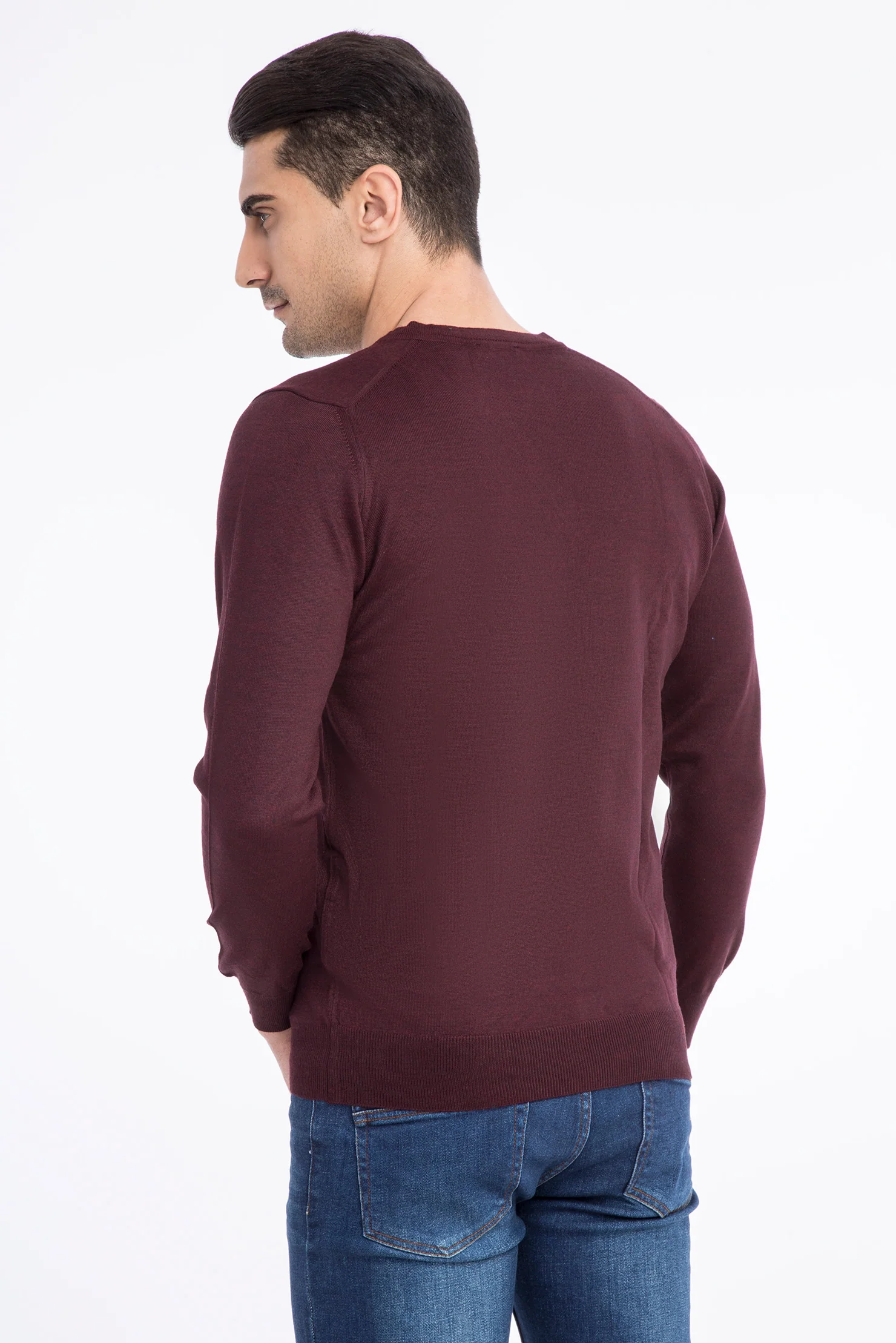 Bordo V Yaka Regular Fit Yünlü Triko Kazak - Image 4