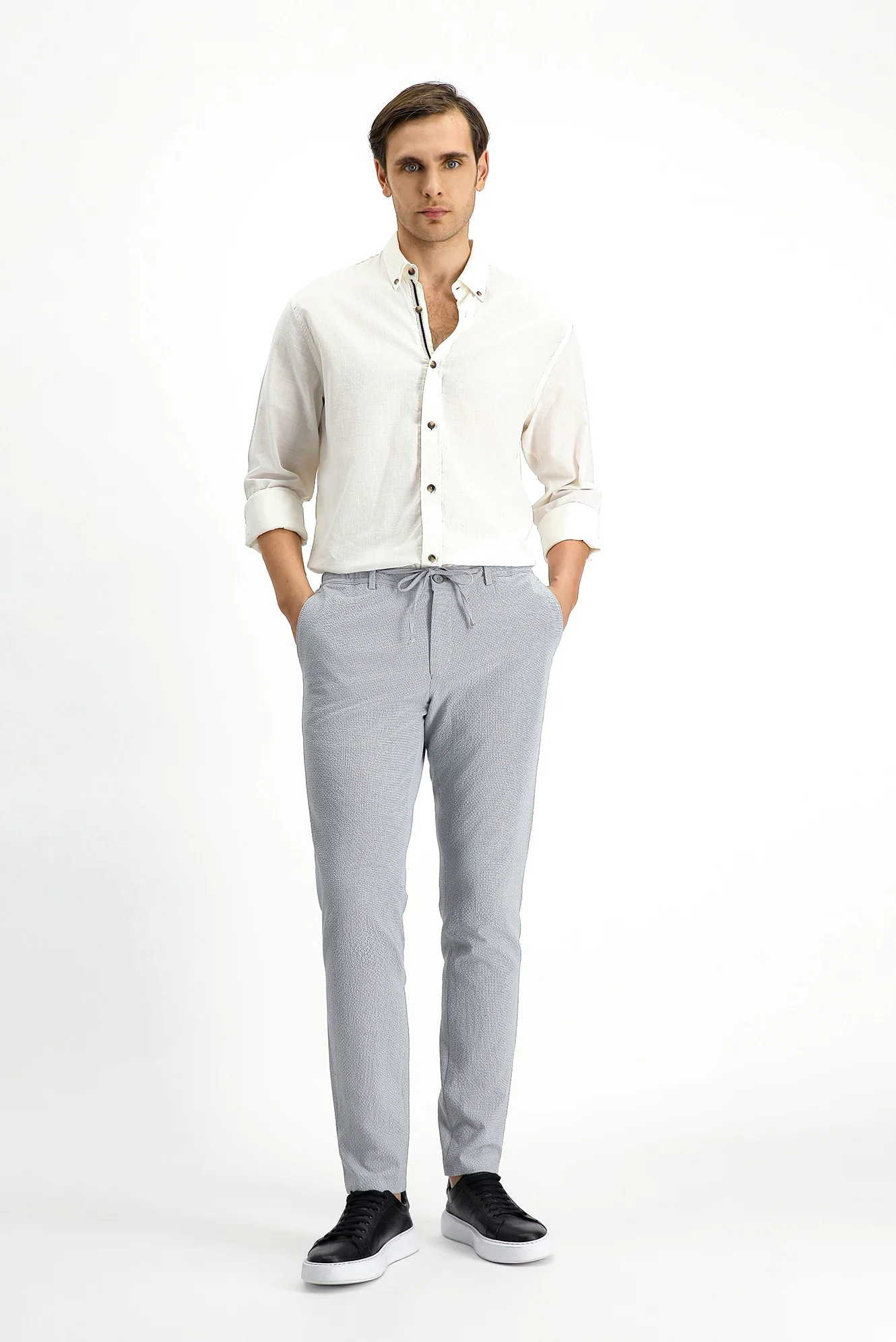 Bulut Gri 7 Drop Super Slim Fit Eksra Dar Kesim Beli Lastikli İpli Gofre Likralı Klasik Kumaş Pantolon