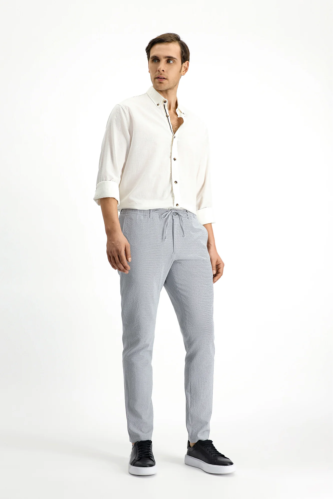 Bulut Gri 7 Drop Super Slim Fit Eksra Dar Kesim Beli Lastikli İpli Gofre Likralı Klasik Kumaş Pantolon - Image 3