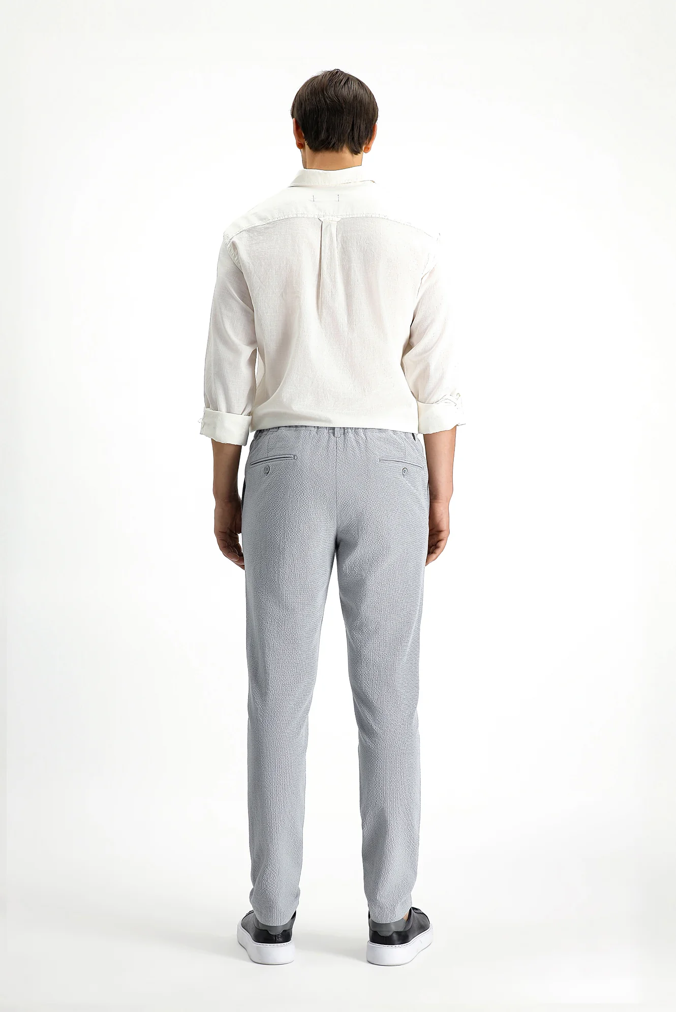 Bulut Gri 7 Drop Super Slim Fit Eksra Dar Kesim Beli Lastikli İpli Gofre Likralı Klasik Kumaş Pantolon - Image 4