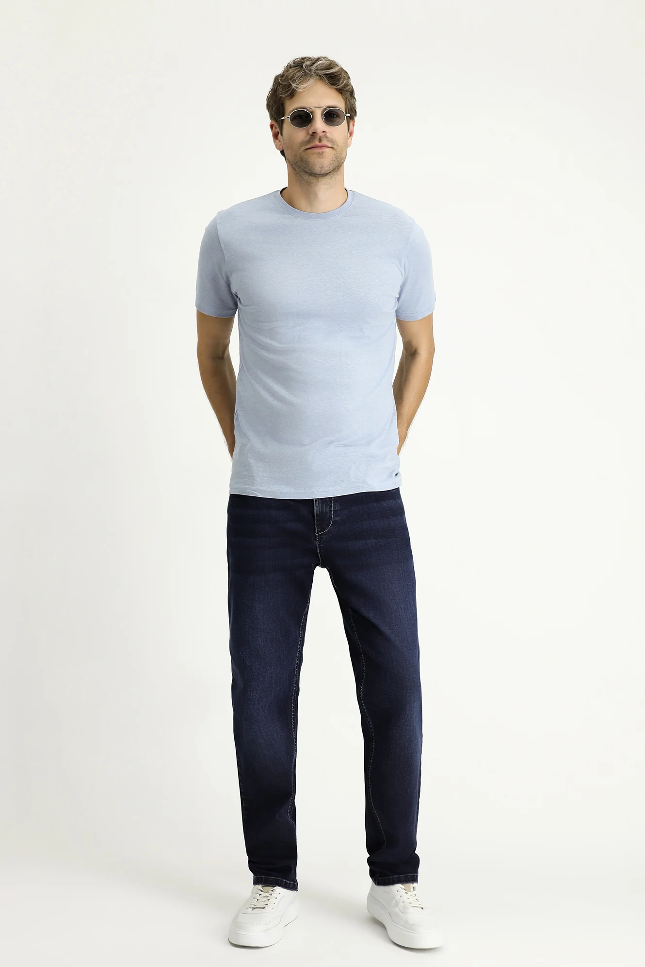 Bulut Mavi Bisiklet Yaka Slim Fit Dar Kesim Keten Karışımlı Tişört - Image 2