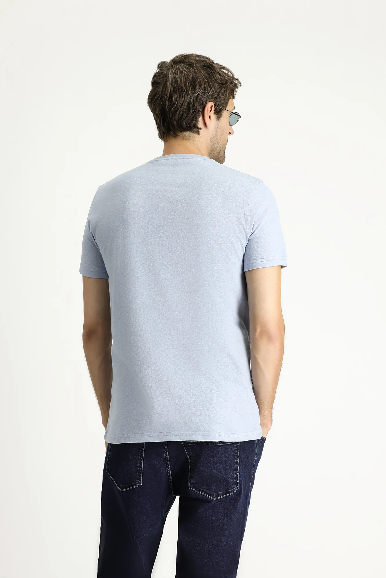 Bulut Mavi Bisiklet Yaka Slim Fit Dar Kesim Keten Karışımlı Tişört - Image 4