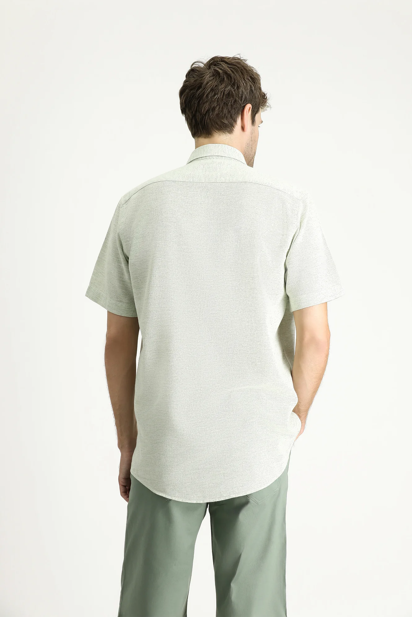Çağla Yeşili Kısa Kol Regular Fit Desenli Spor Pamuklu Gömlek - Image 4