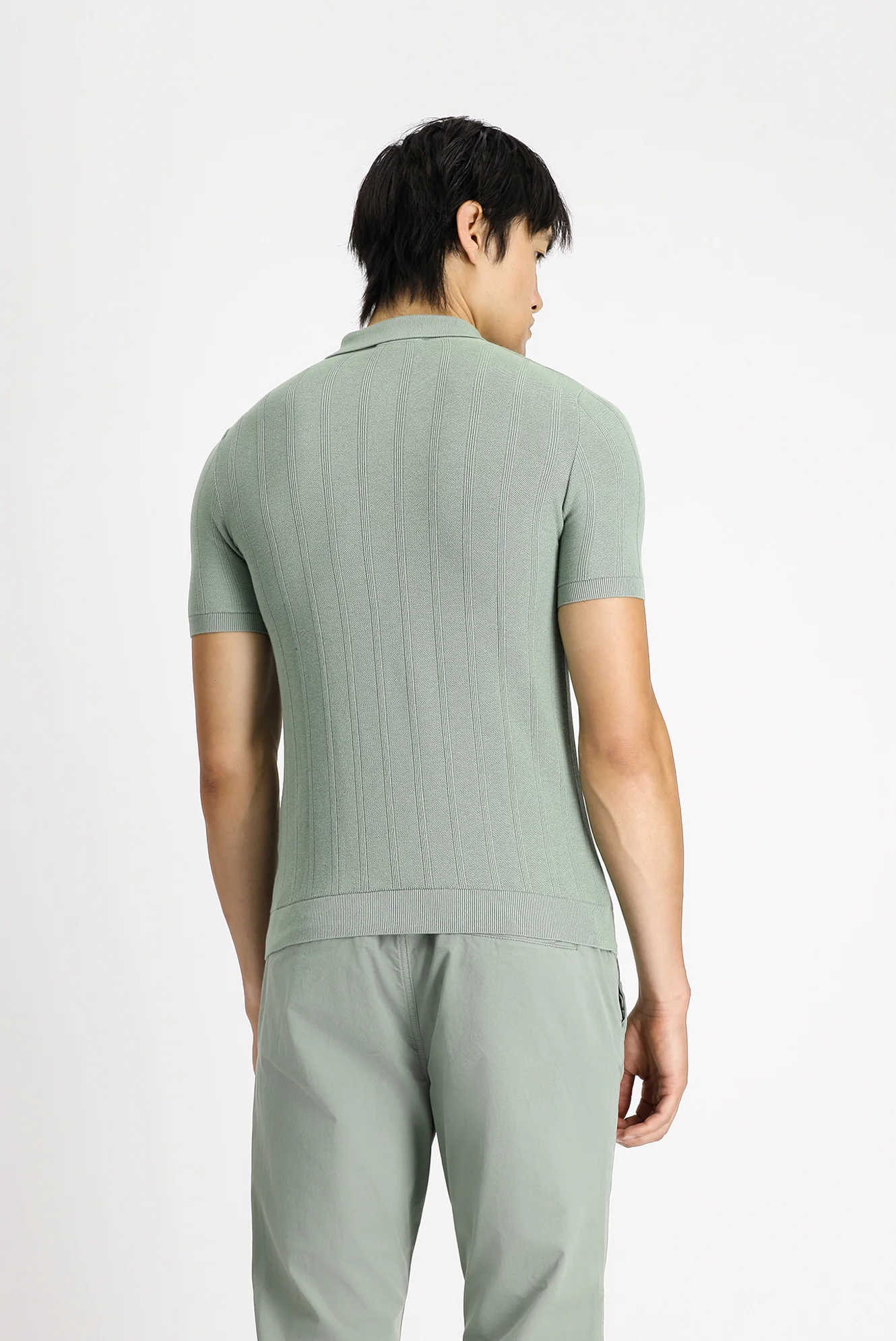 Çağla Yeşili Polo Yaka Regular Fit Fermuarlı Desenli Pamuklu Tişört - Image 4