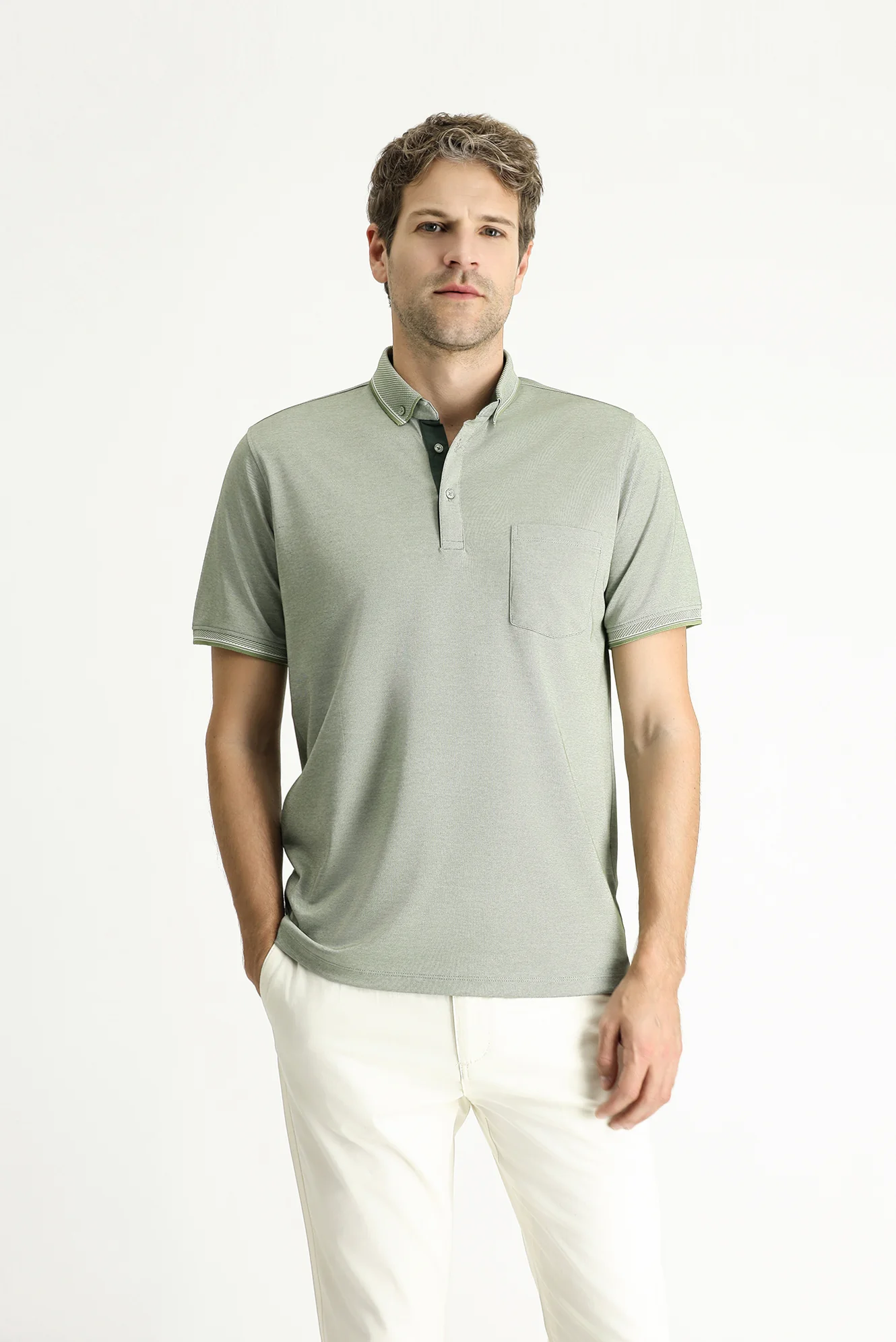 Çağla Yeşili Polo Yaka Regular Fit Pamuklu Tişört - Image 3