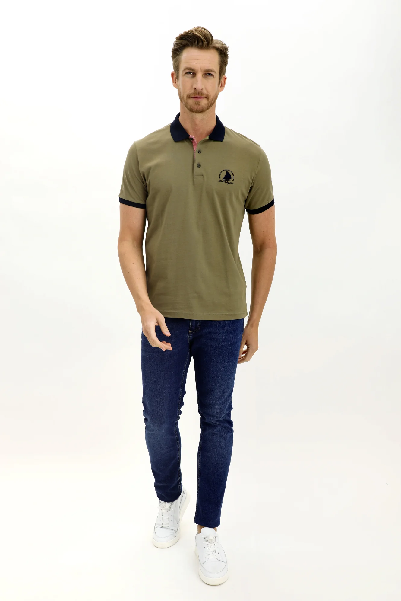 Çağla Yeşili Polo Yaka Slim Fit Dar Kesim Desenli Pamuk Tişört - Image 2