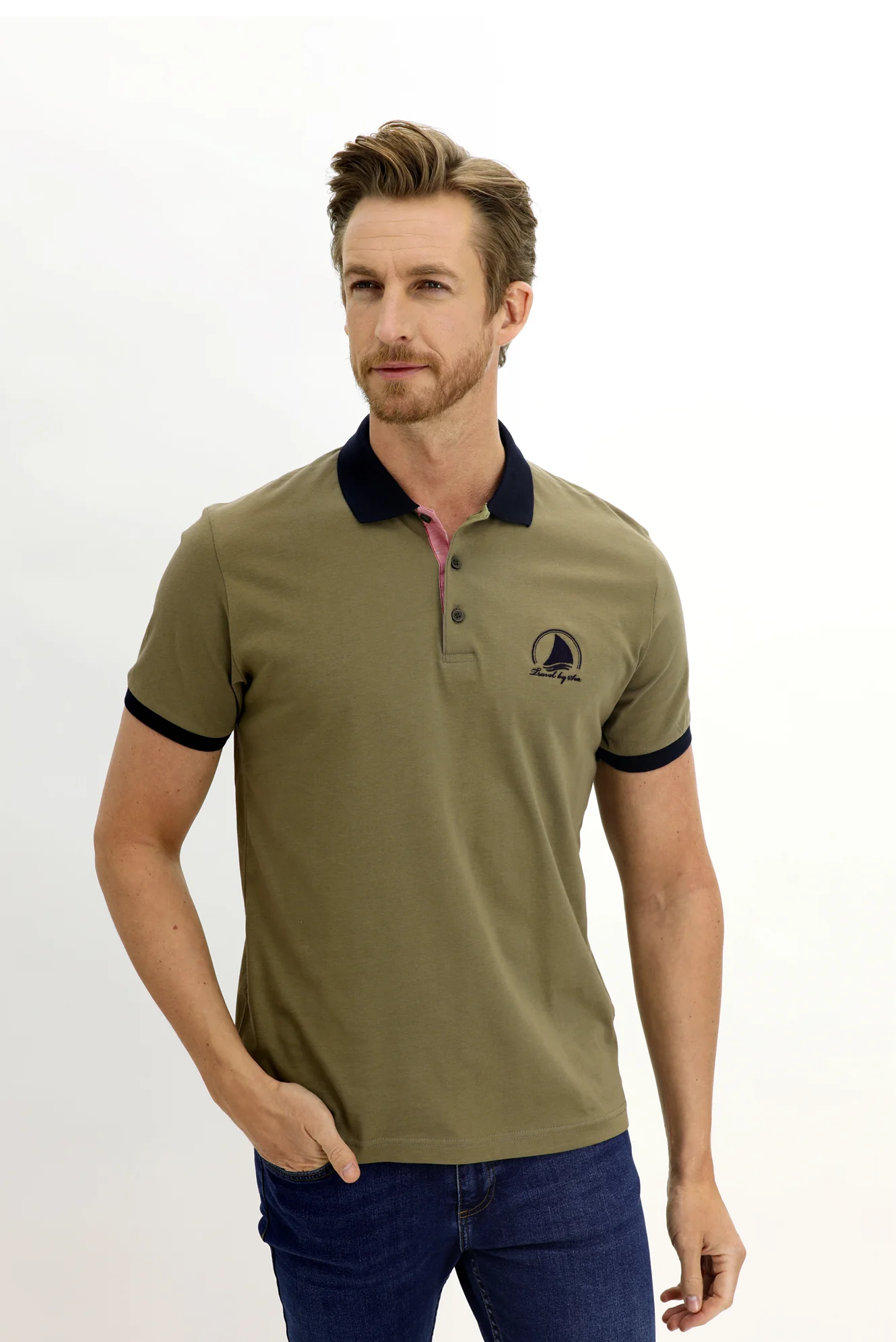 Çağla Yeşili Polo Yaka Slim Fit Dar Kesim Desenli Pamuk Tişört - Image 3